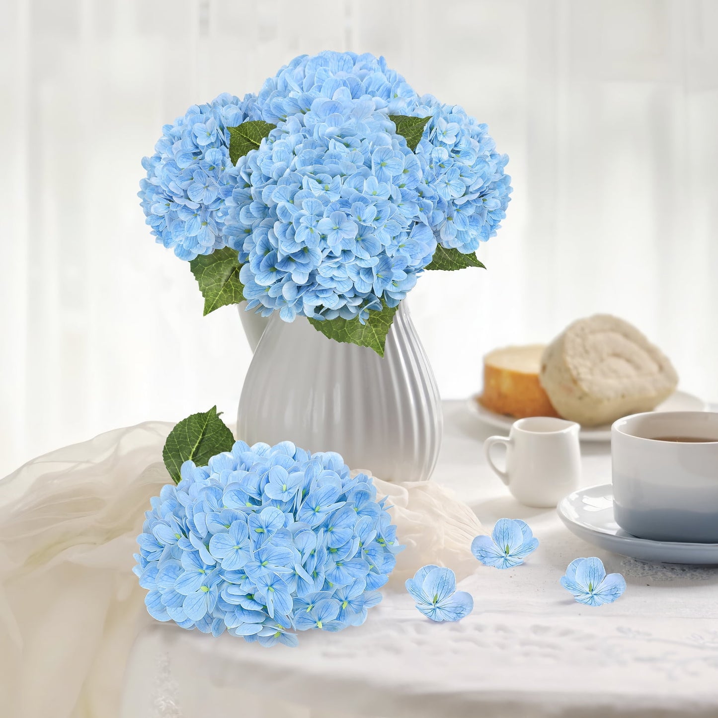 Scidweet 4 Pcs Artificial Hydrangea Fake Flowers, 19.3" Real Touch Latex Faux Plants Fake Hydrangea Flowers for Spring Summer Indoor Outdoor Home Table Wedding Decoration, Light Blue