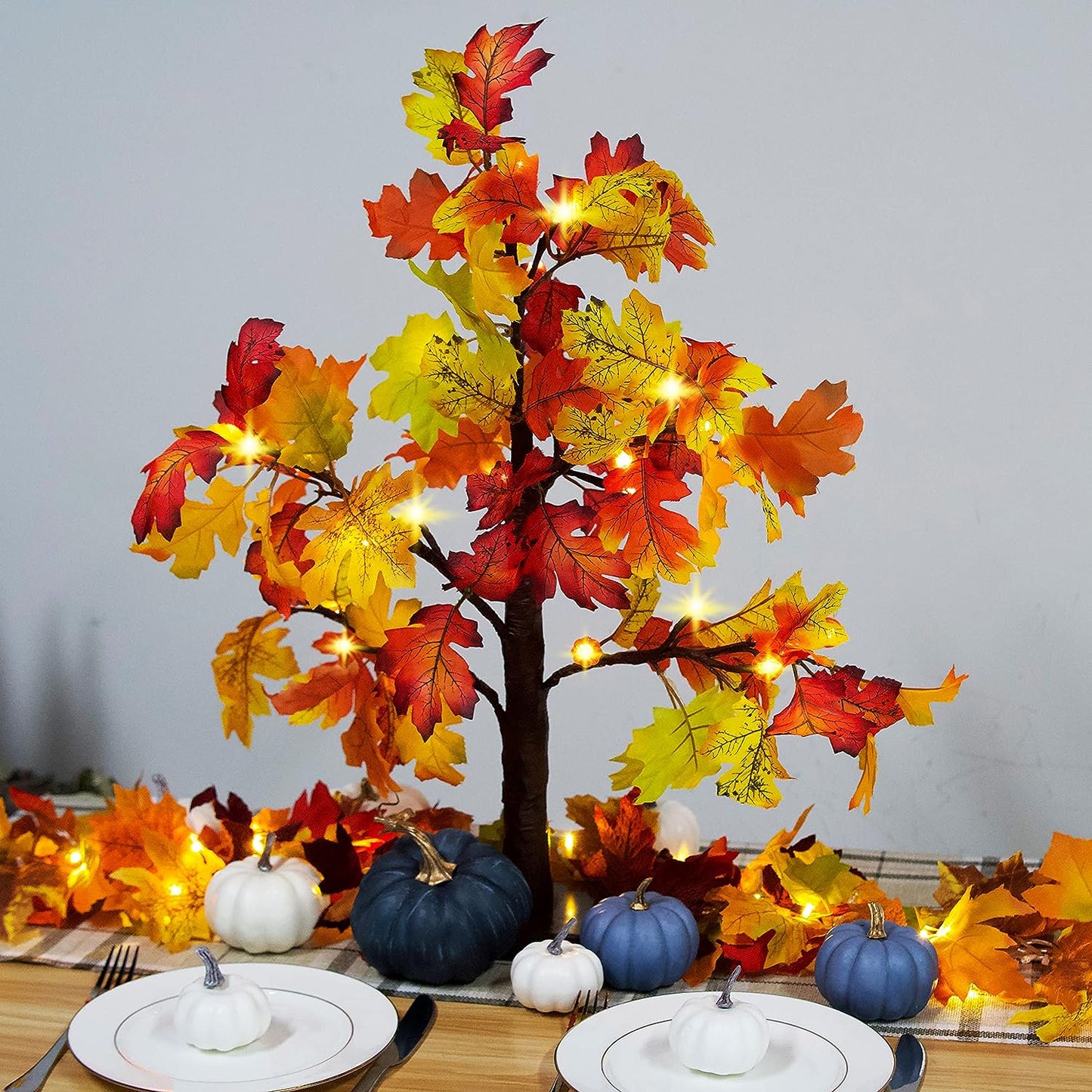 Scidweet Fall Decorations for Home, 25" 24 LED Artificial Fall Maple Leaves Table Tree with Pumpkins Lights Indoor Wedding Party Autumn Decor
