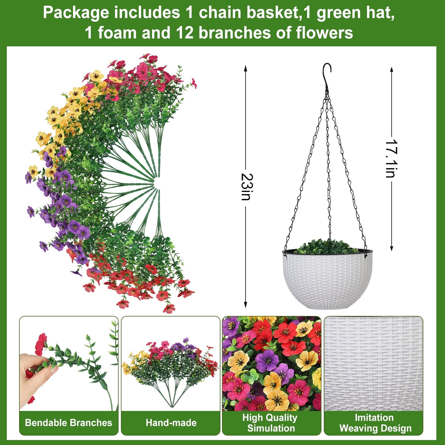 Scidweet Artificial Hanging Flowers, 12 Pcs Fake Flowers Faux Plants with Imitation Woven White Basket for Spring Summer Outside Indoor Home Garden Decoration