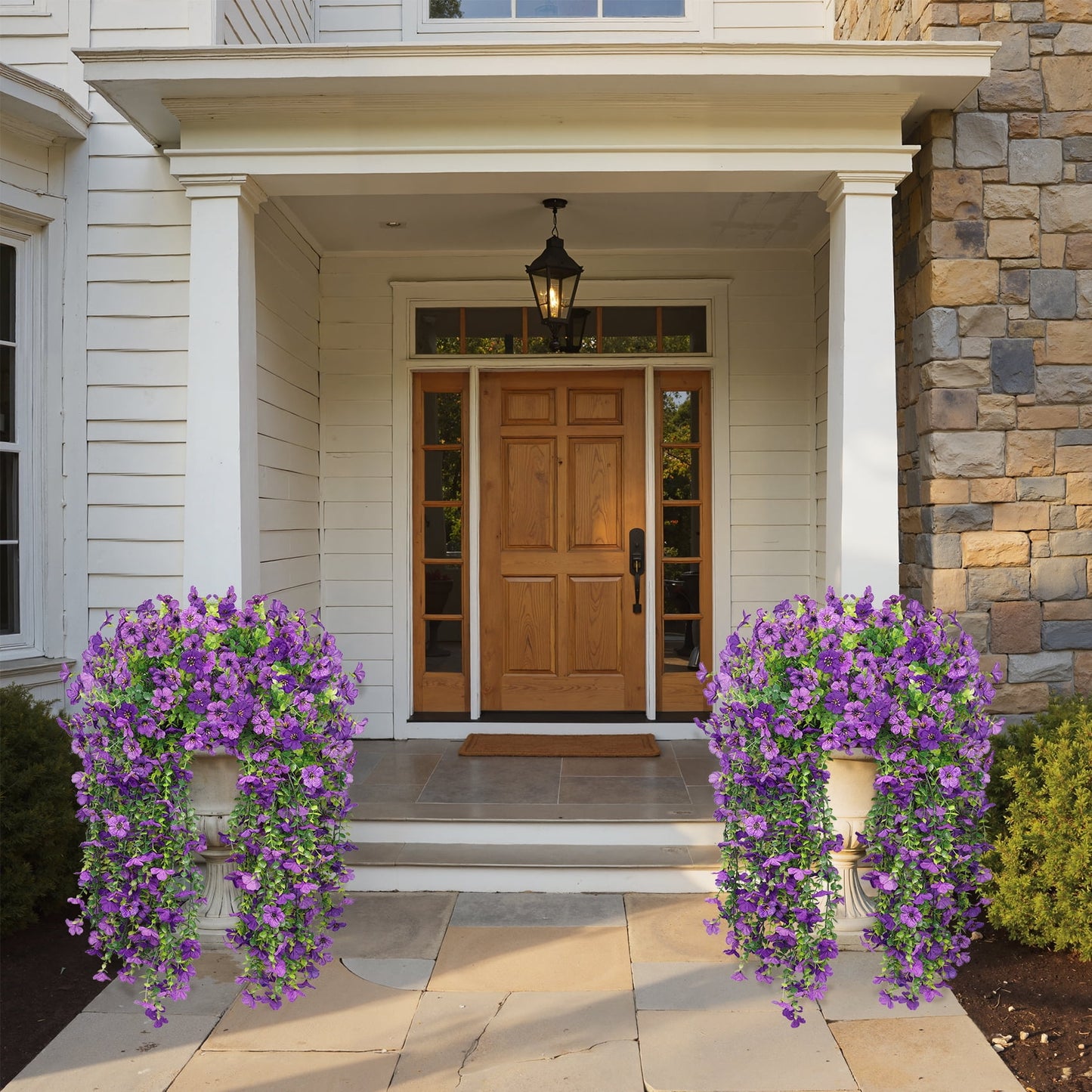 Scidweet Artificial Flowers Outdoors, 2 Pcs Hanging Fake Flowers Faux Silk Spring Summer Decoration for Home Garden Porch, Purple