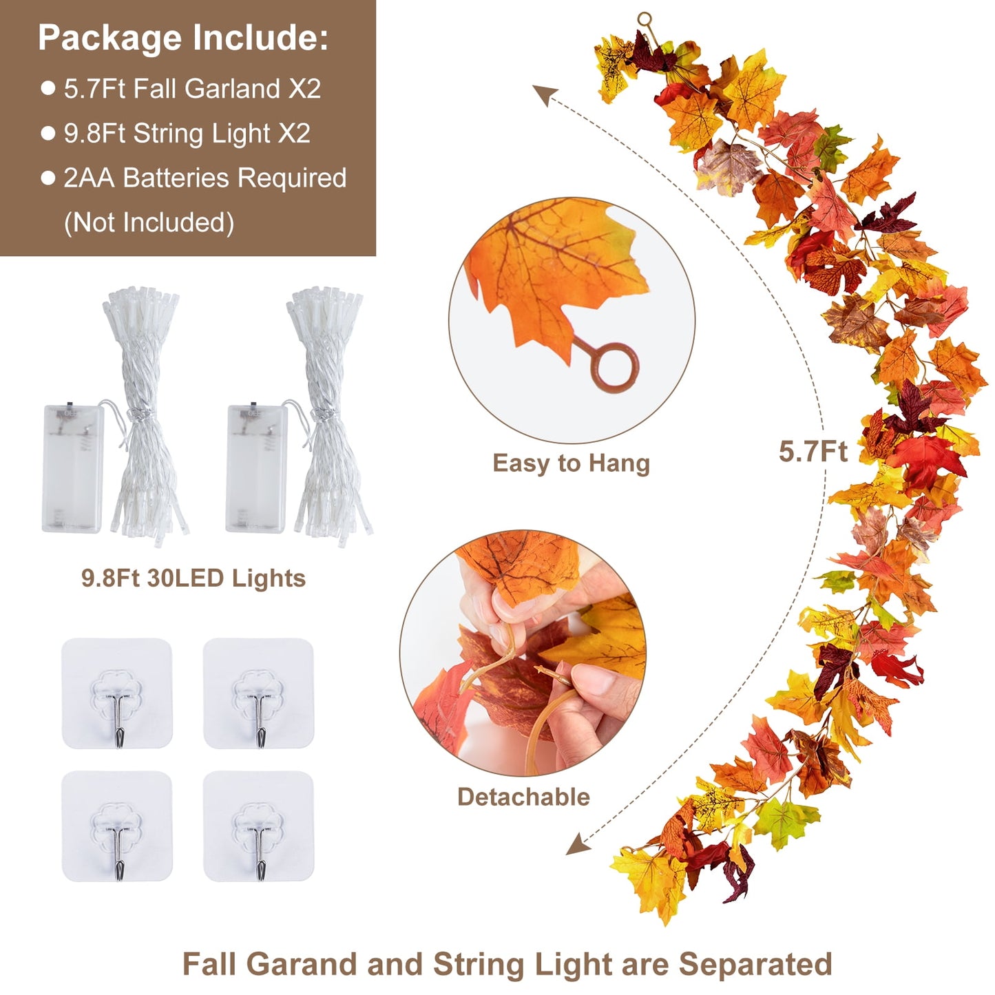 Scidweet 2 Pack Artificial Autumn Maple Leaves Wreath, with 19.7Ft 60 LED String Lights Fall Decorations for Home Party Garland Thanksgiving Halloween Decor