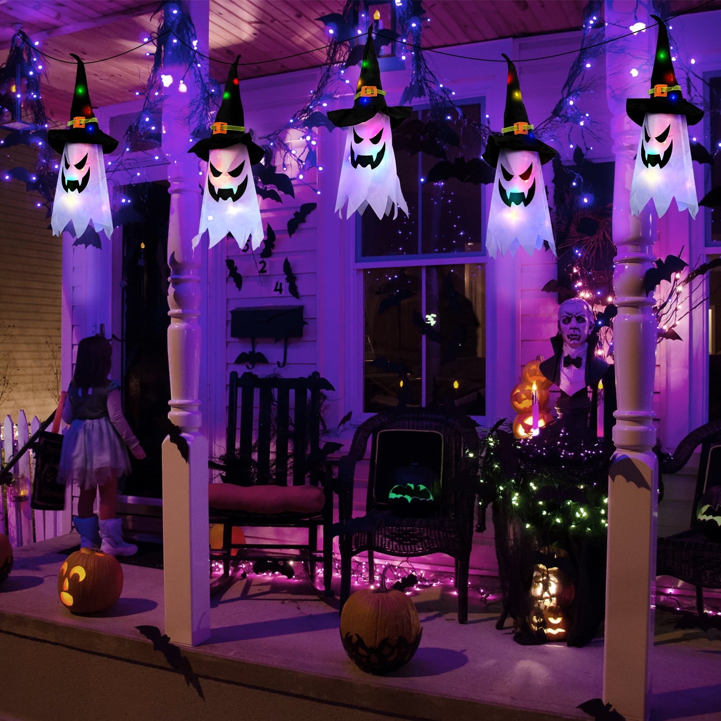 Scidweet Halloween Decorations Hanging Outdoor String Lights Glowing Ghost Witch Hat Indoor Ornaments Halloween Lights for Home Tree Garden Yard (5 Pcs)