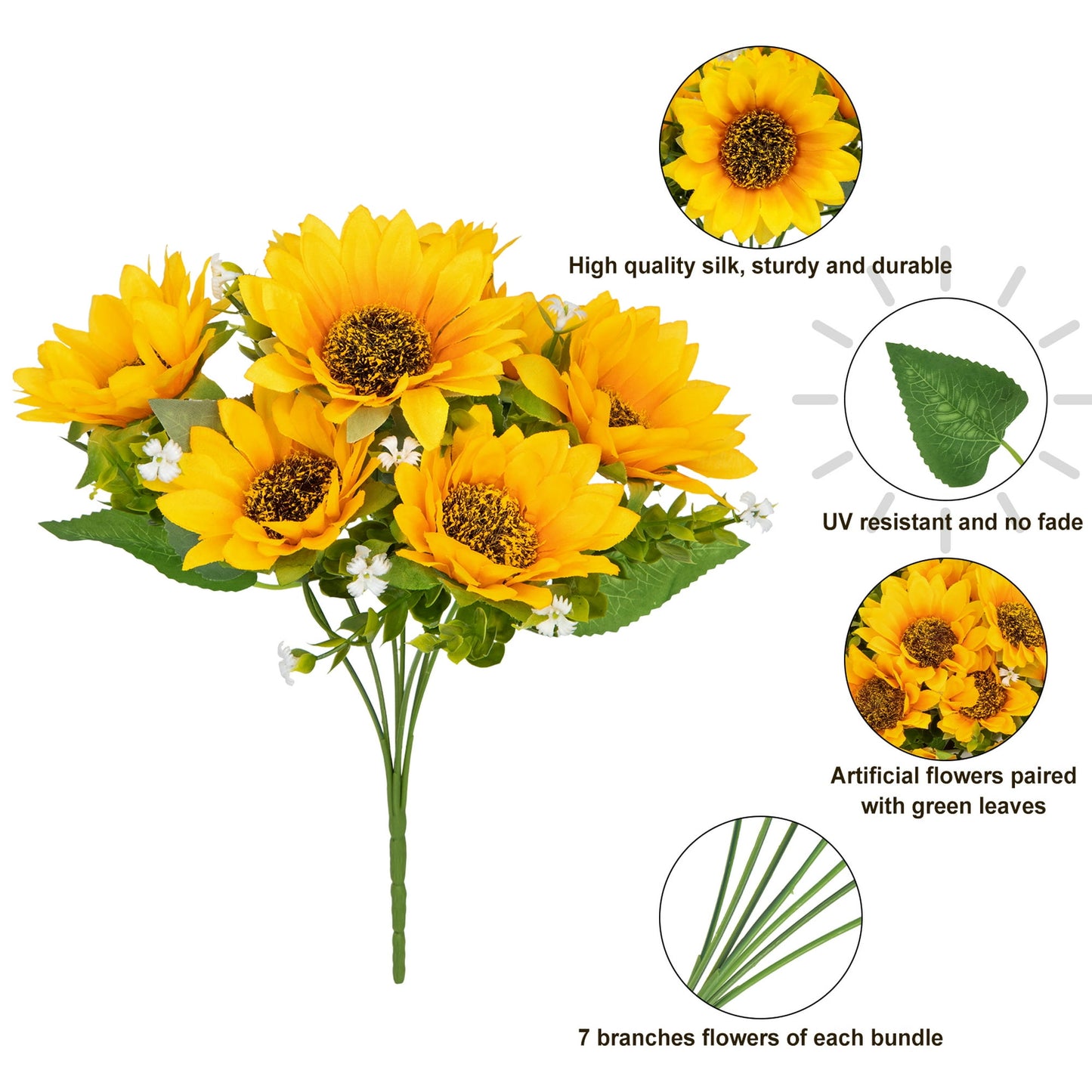 Scidweet 5 Pcs Artificial Silk Sunflower Bouquets, Fake Flowers Faux Sunflower for Spring Summer Party Table Decor Indoor Outdoor Home Wedding Decoration