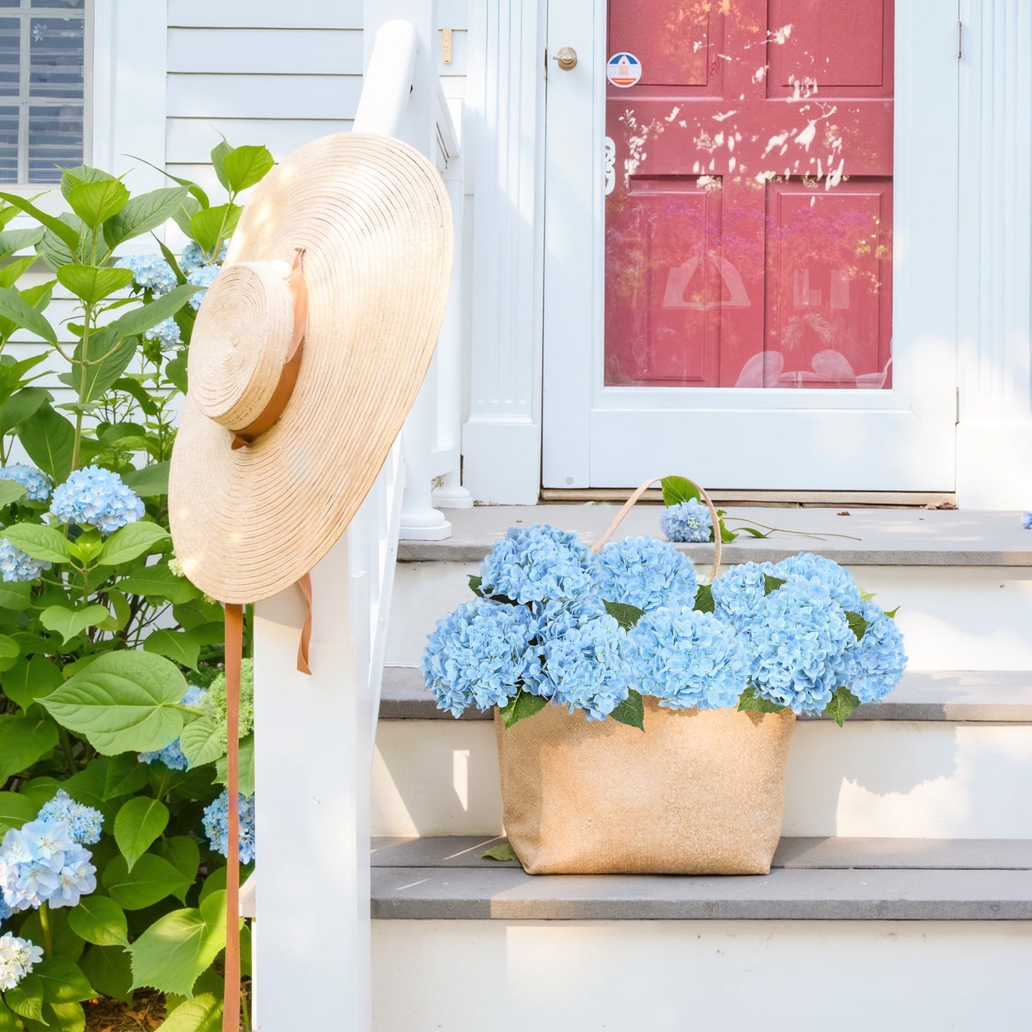 Scidweet 4 Pcs Artificial Hydrangea Fake Flowers, 19.3" Real Touch Latex Faux Plants Fake Hydrangea Flowers for Spring Summer Indoor Outdoor Home Table Wedding Decoration, Light Blue