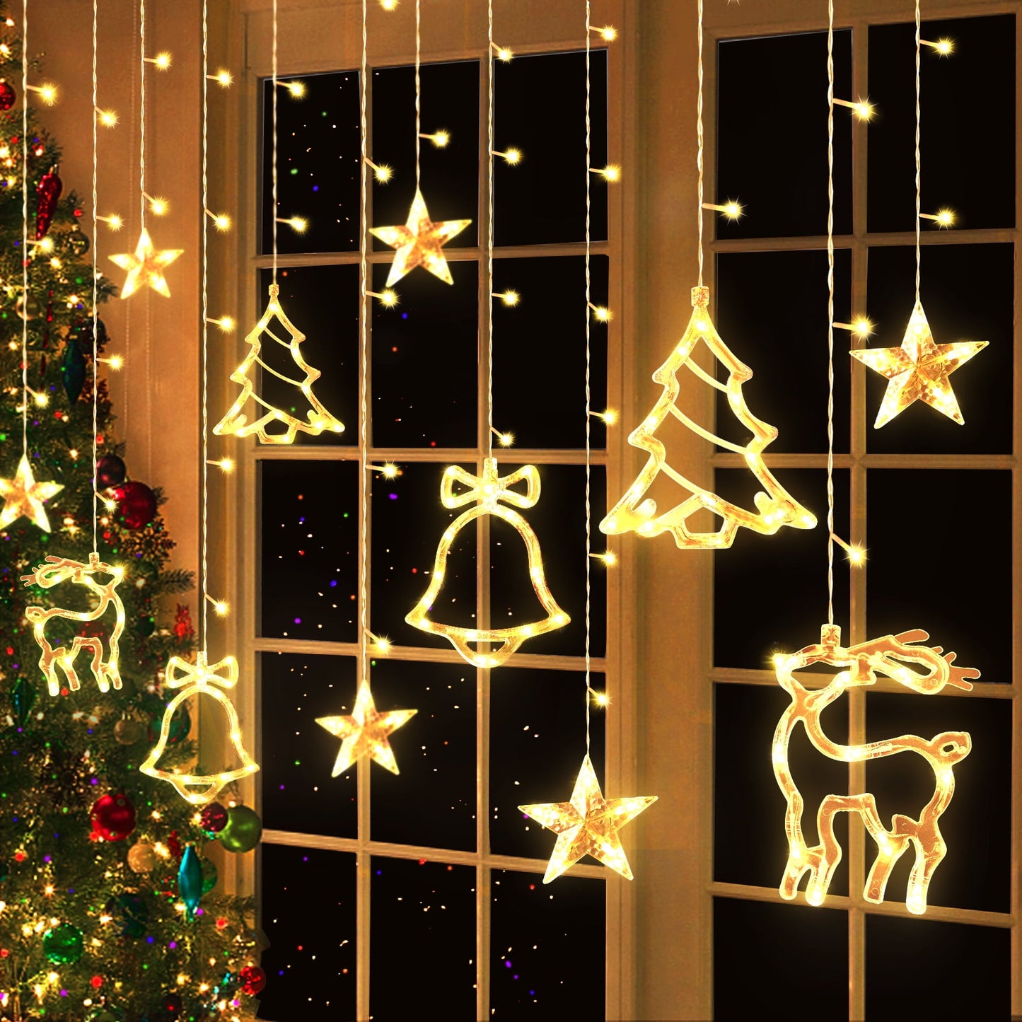 Scidweet 11.5FT 8 Flashing Modes Warm White Christmas Tree Deer Bell Star Lights Homes Decor Waterproof Lights