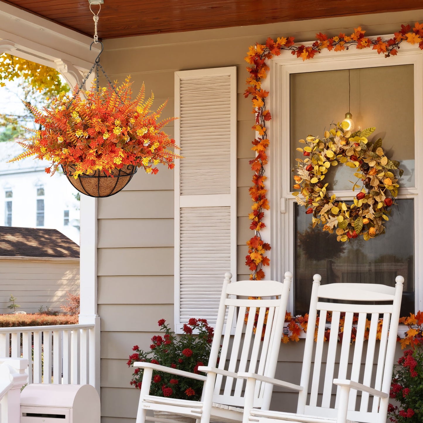 Scidweet Artificial Fall Hanging Flowers Outdoor, 12 Pcs Autumn Fake Flowers Faux Plants with Coconut Lining Basket Fall Decoration for Home Patio Garden Decor, Mixcolor