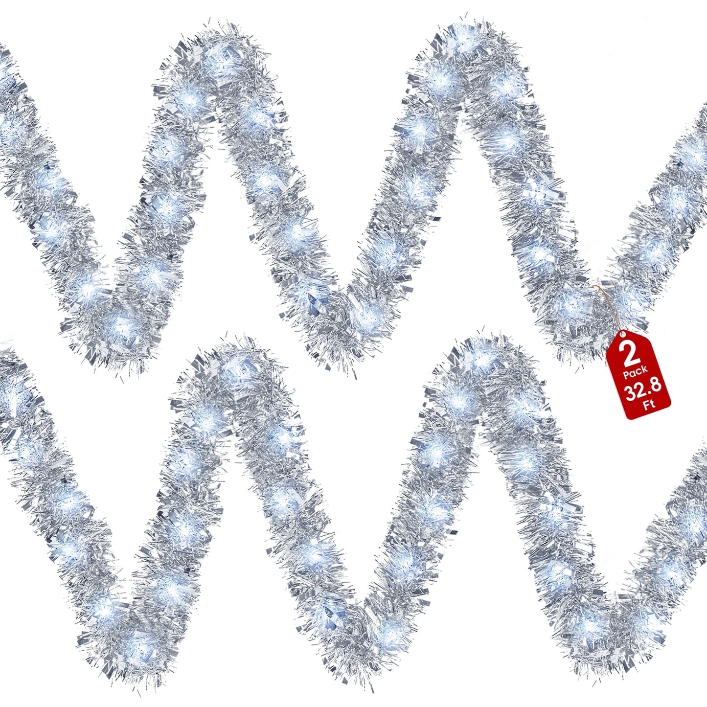 Scidweet 2 Pcs 32.8 ft Christmas Garland with Lights, 50 White LED Pre-Lit Christmas Garland Decorations for Indoor Outdoor Christmas Tree Party Wedding Holiday Xmas Decor (Silver)