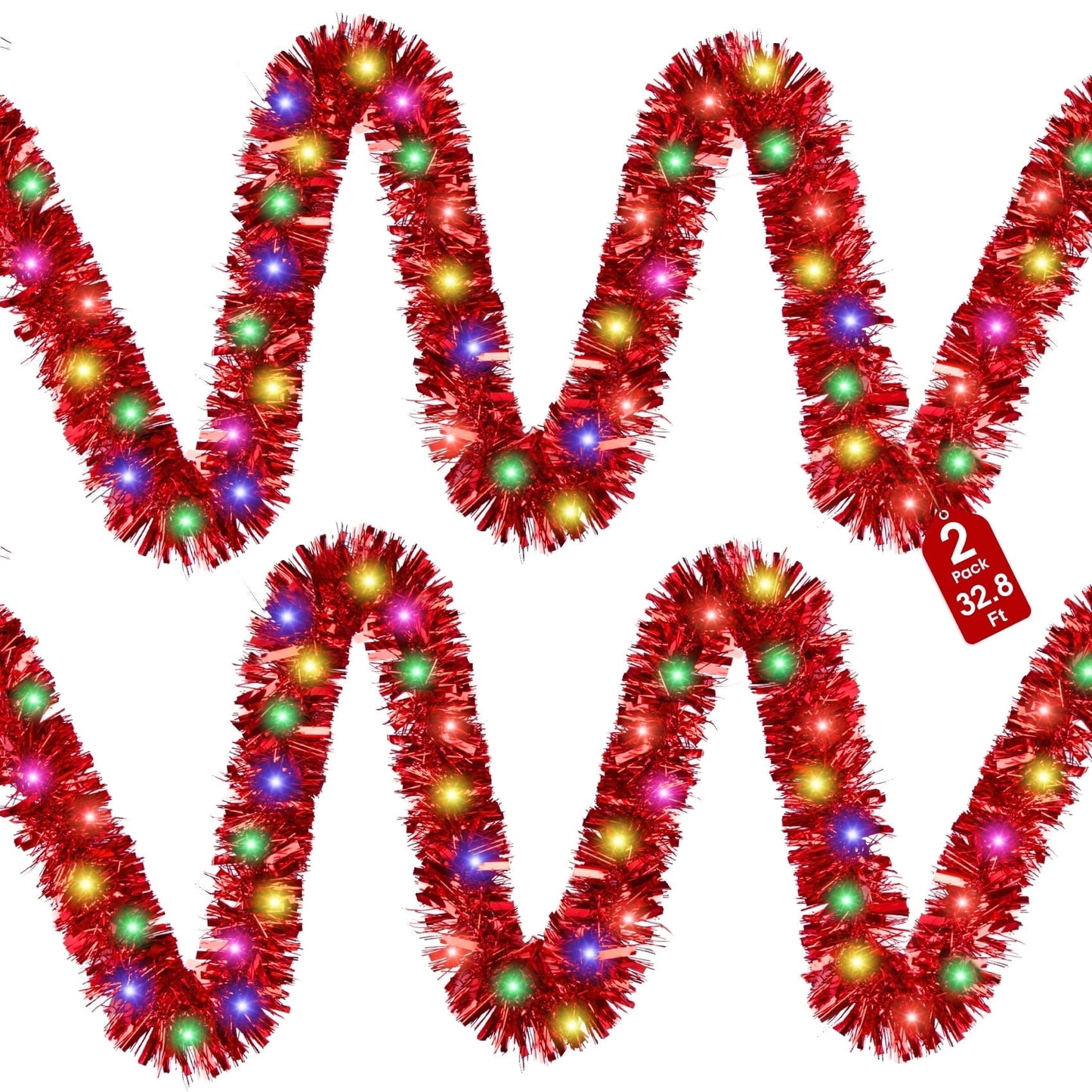Scidweet 2 Pcs 32.8 ft Christmas Garland with Lights, 50 Multicolor LED Pre-Lit Christmas Garland Decorations for Indoor Outdoor Christmas Tree Party Wedding Holiday Xmas Decor (Red)