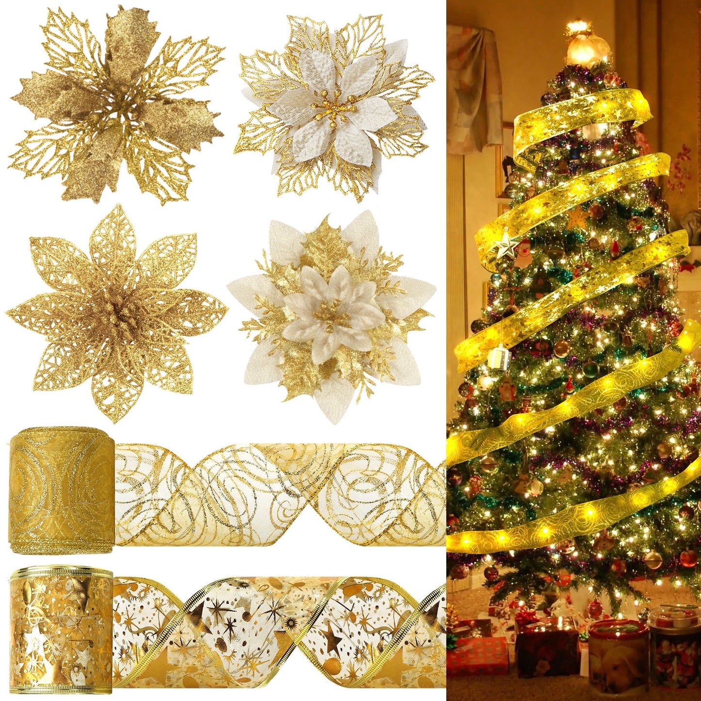 Scidweet 16 Pcs Christmas Decoration Flower with Lights, Poinsettia Flowers Glitter Gold Christmas Tree Decoration for Xmas New Year Indoor Outdoor Decor