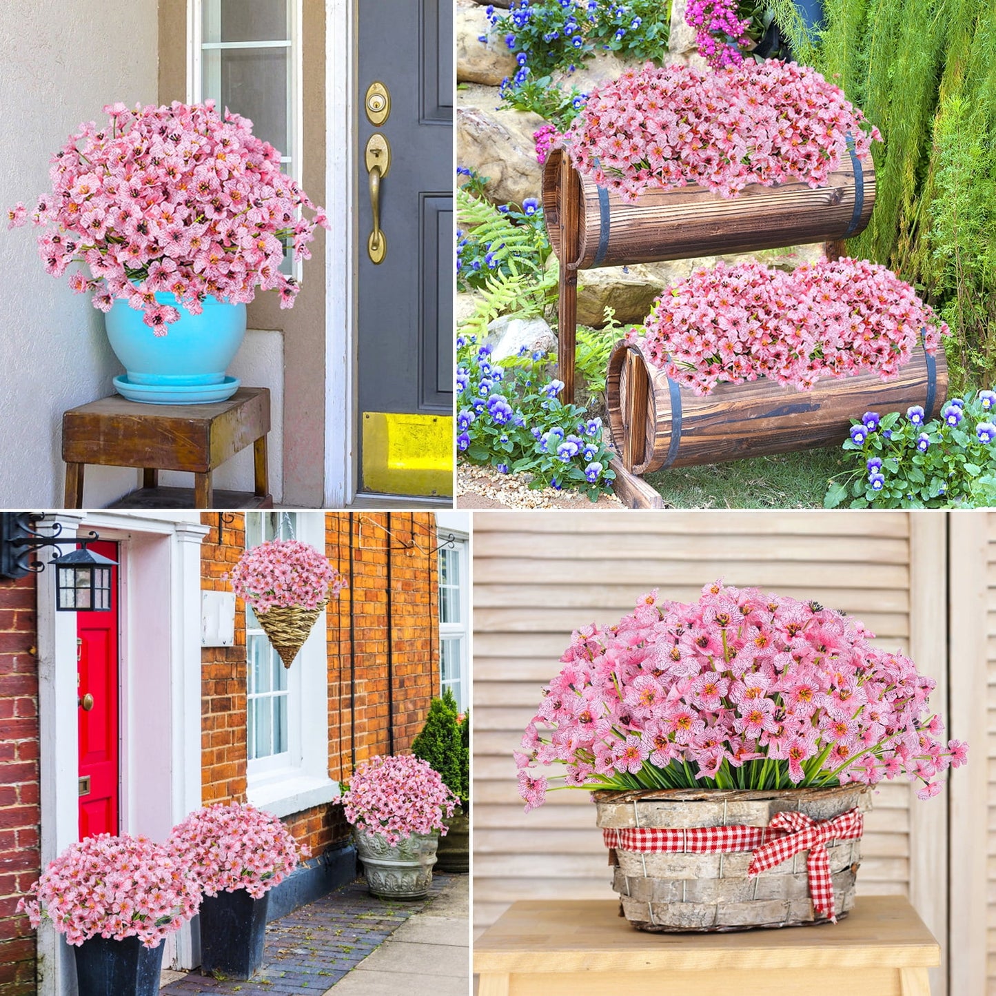 Scidweet 24 Pack Bundles Flowers Outdoor, Artificial Plants Faux Flowers Spring Summer Outside for Home Garden Porch Window Box Decorations, Pink
