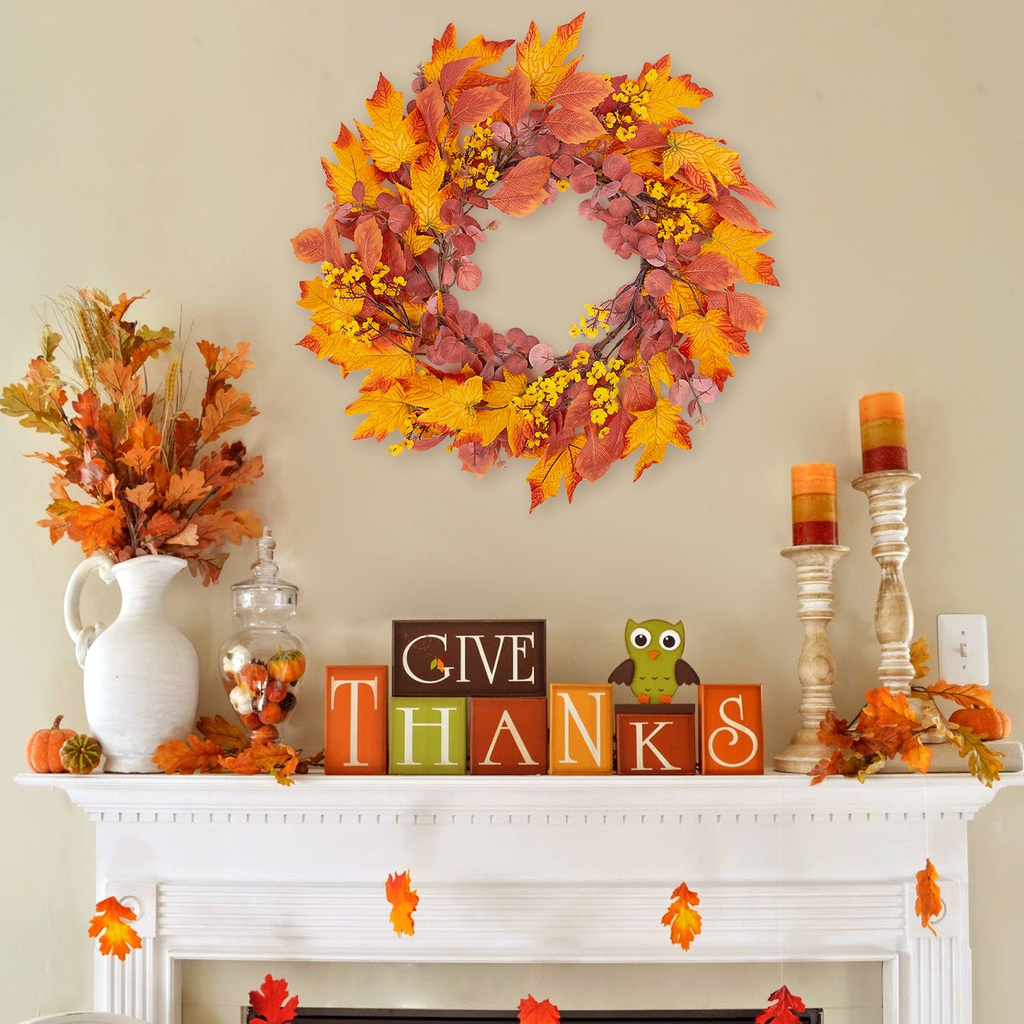 Scidweet 20 inch Maple Leaf Autumn Wreath, Artificial Fall Garland Door Wreaths for Front Door Outside Home Thanksgiving Decoration