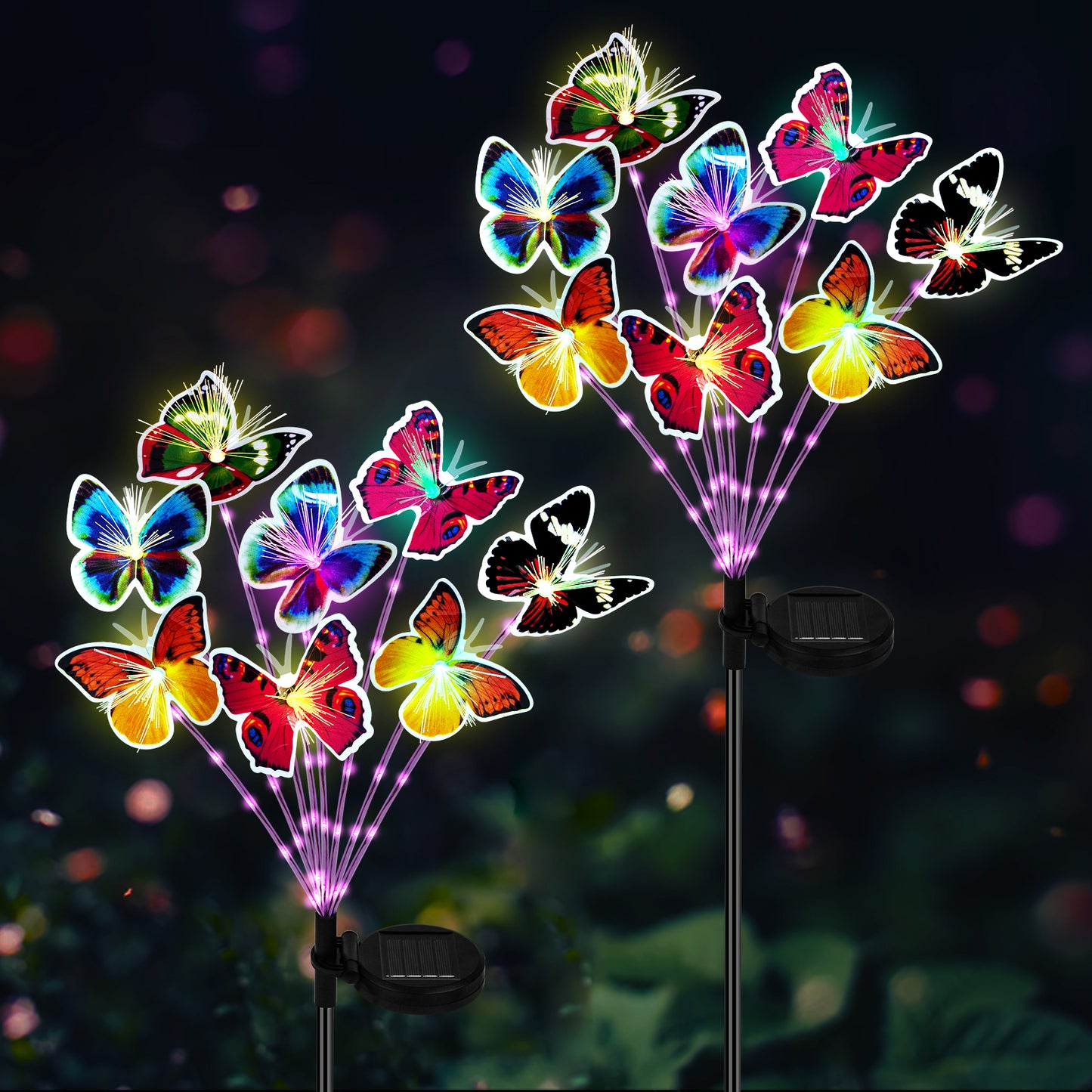 Garden Decor Solar Outdoor Lights with 8 Fiber Optic Butterfly Multi-Color Changing Purple LED Light Stake for Yard ( 2 pack)