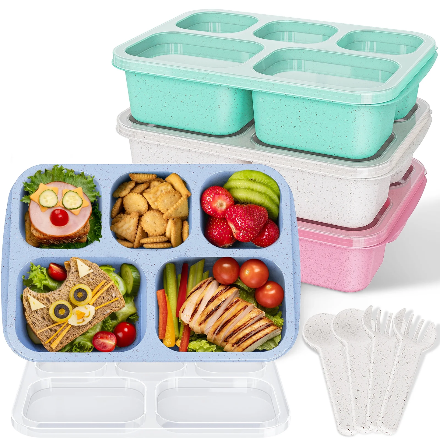 Bento Box Adult Lunch Box, 4 Pack 5 Compartment Meal Prep Container for Kids, Reusable Wheat Food Storage Snack Container, Stackable for School, Work, and Travel (Green/Blue/Pink/Beige)