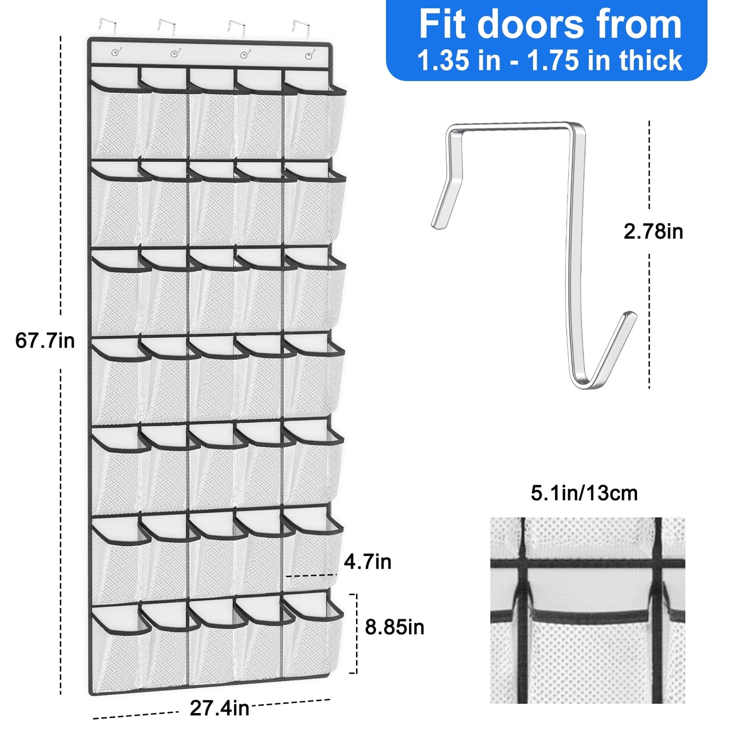 Scidweet Over The Door Shoe Organizer, 35 Large Breathable Mesh Pockets Hanging Storage Holder Shoe Rack Closet Organizer, White