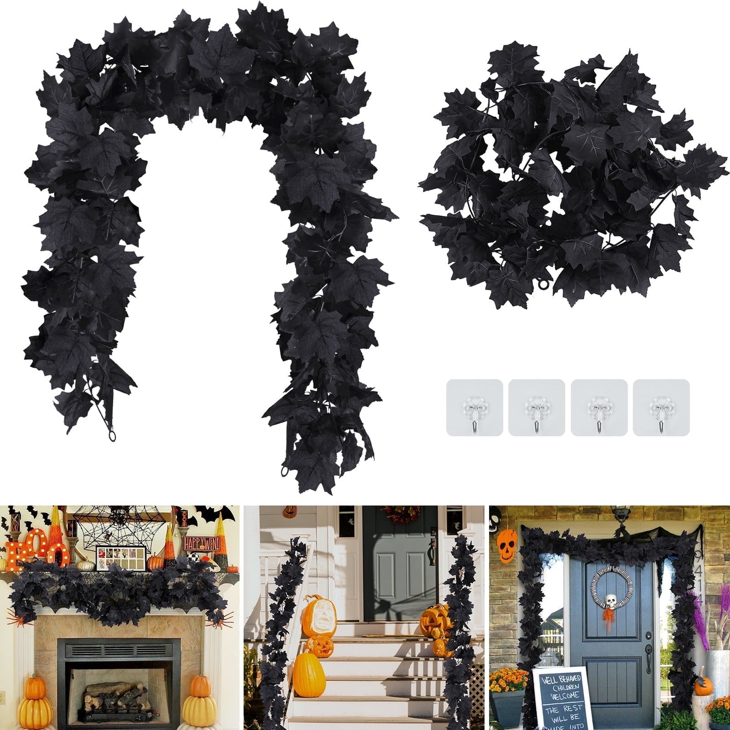 Scidweet Halloween Maple Leaf Garland, 2 Pack 5.8 ft 60 LED Purple String Lights Black Artificial Leaves Fake Vines for Bedroom Hanging Wall Fall Halloween Decor
