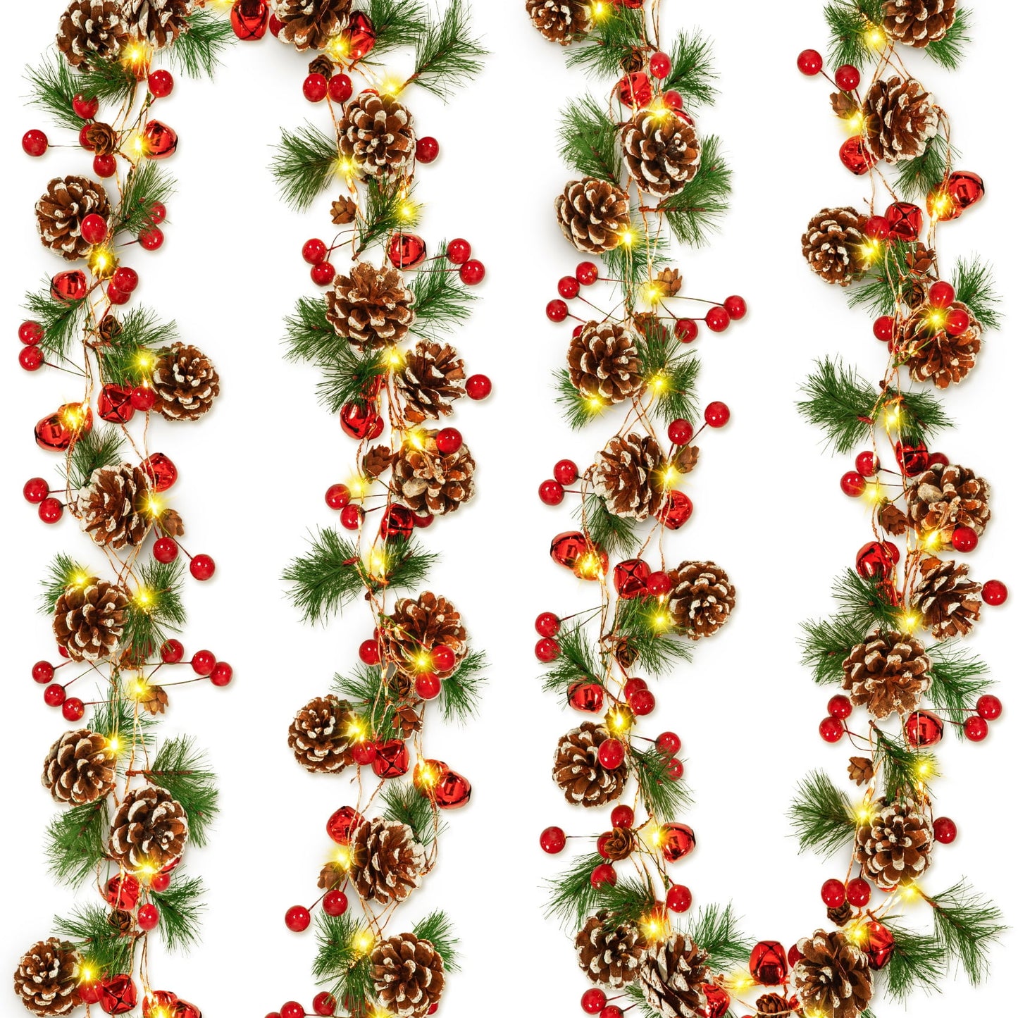 2 Pack Christmas Garland with Lights, Total 13.2 ft 40 Led Battery Operated Christmas String Lights with Red Berries Pine Cones Bells for Home Mantle Fireplace New Year Party Christmas