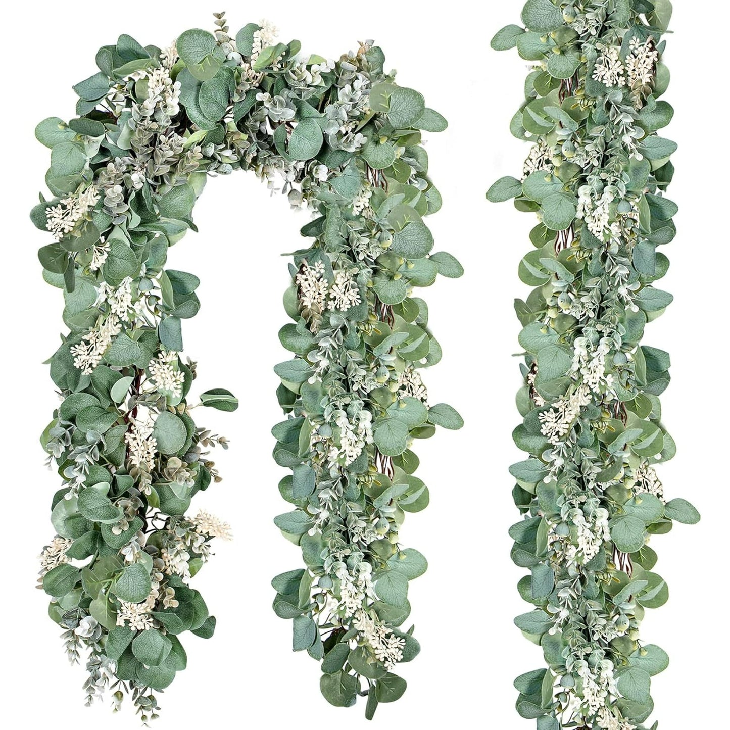 2 Pack Eucalyptus Garland Total 13.1 Ft Lush Silver Dollar Eucalyptus Leaves with White Buds Boxwood Artificial Greenery Garland Vines for Baby Shower Wedding Party