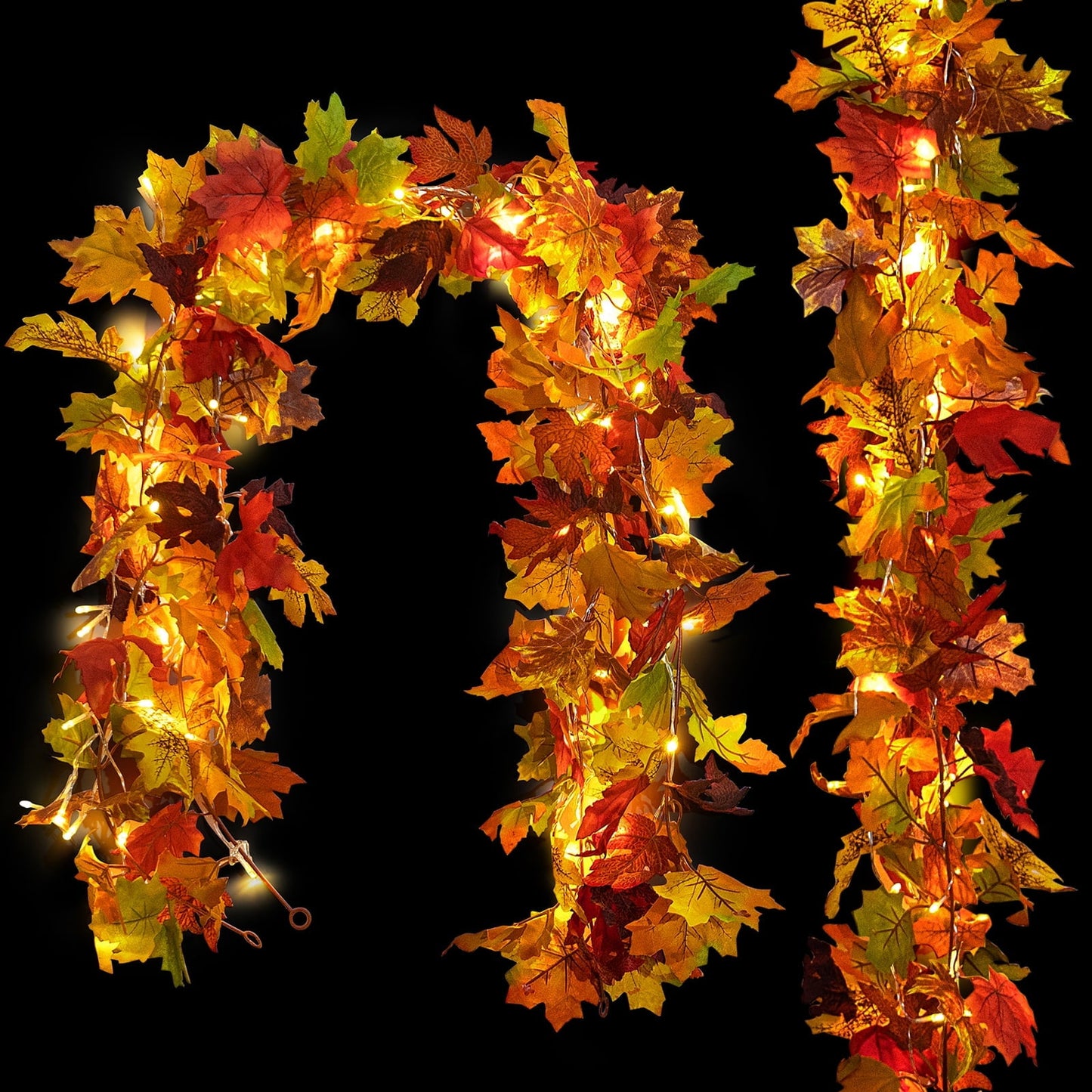 Scidweet 2 Pack Artificial Autumn Maple Leaves Wreath, with 19.7Ft 60 LED String Lights Fall Decorations for Home Party Garland Thanksgiving Halloween Decor