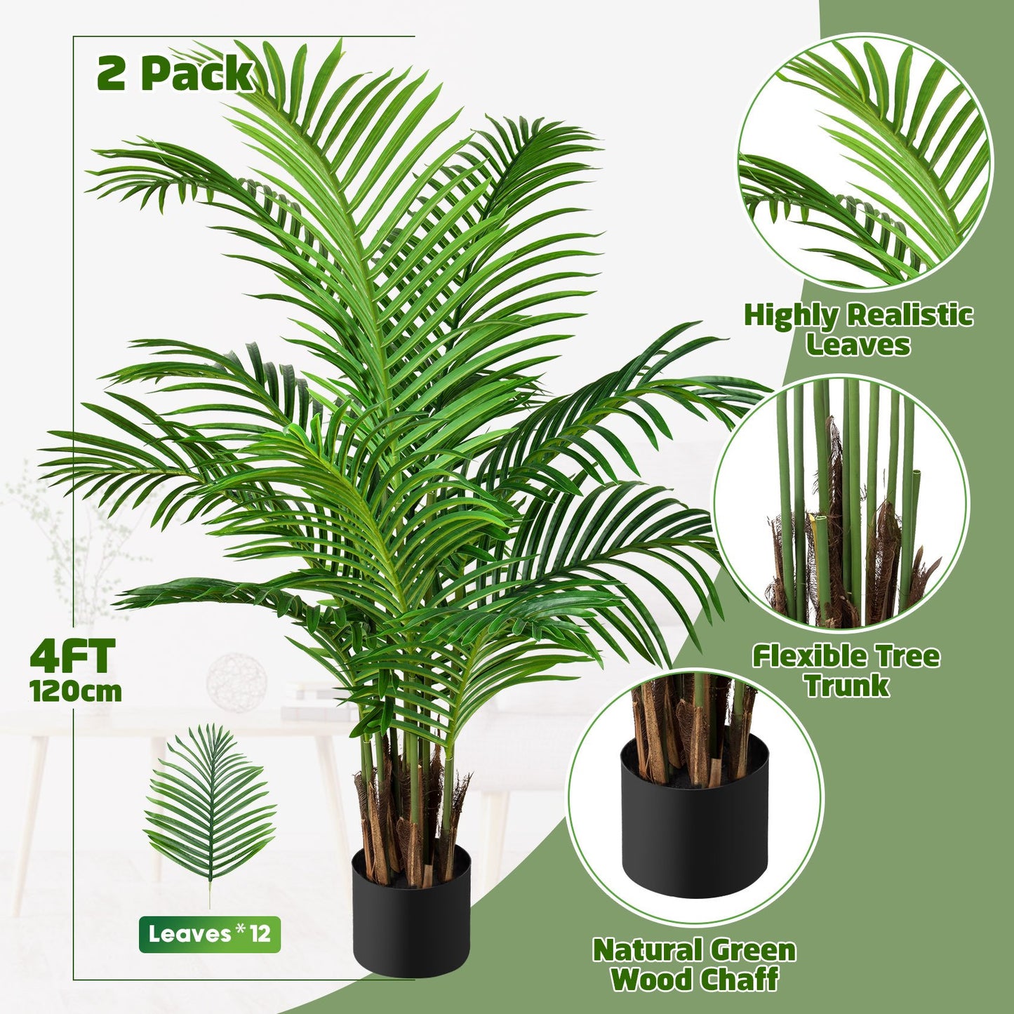 2 Pack Artificial Plants, 4FT Tall Fake Palm Tree Decor Outdoor with 12 Trunks, Faux Tropical Areca Floor Plant in Pot for Home Porch Office Living Room Housewarming Modern Decoration Gift