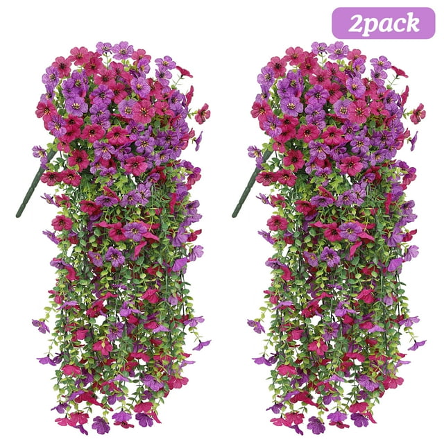 Scidweet Artificial Flowers Outdoors, 2 Pcs Hanging Fake Flowers Faux Silk Spring Summer Decoration for Home Garden Porch, Purple Red