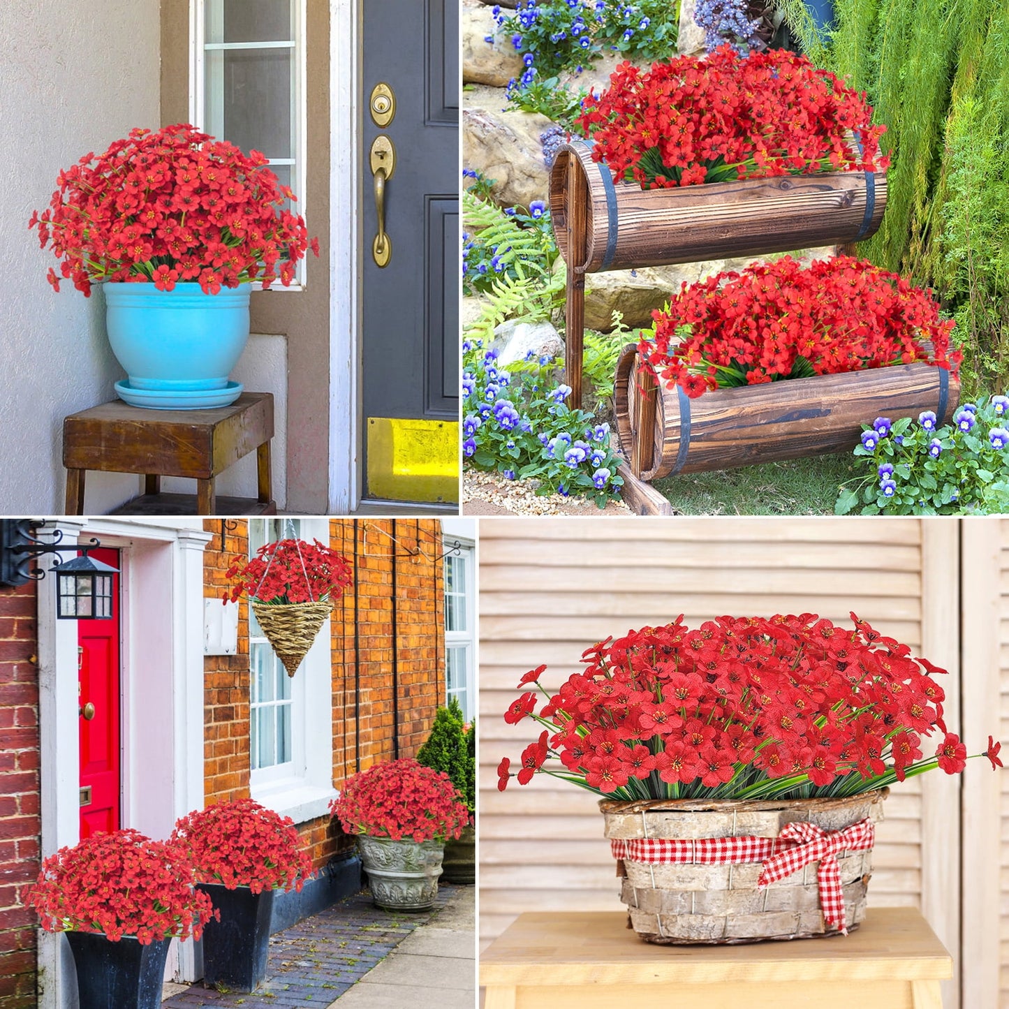 Scidweet 24 Bundles Artificial Flowers for Outdoors Fake Flowers Spring UV Resistant Fake Plastic Plant for Garden Porch Window Box Red