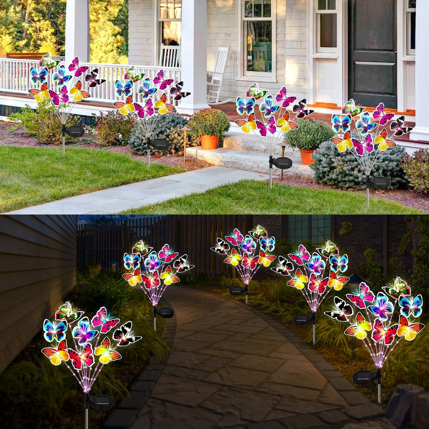 Garden Decor Solar Outdoor Lights with 8 Fiber Optic Butterfly Multi-Color Changing Purple LED Light Stake for Yard ( 2 pack)