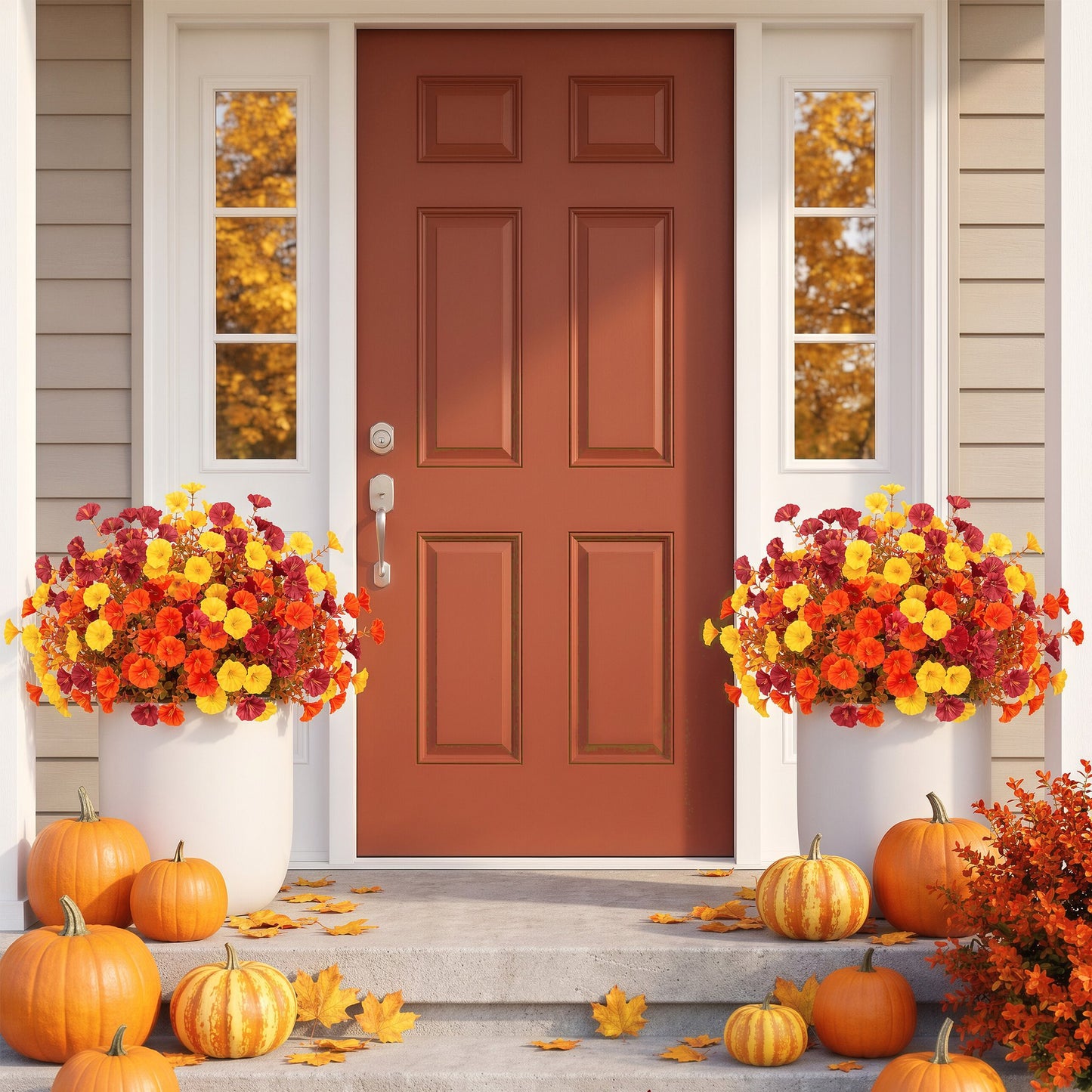 Scidweet Fake Fall Flowers Outdoors, 24 Bundles Autumn Artificial Morning Glory flowers Faux Plants UV Resistant for Home Outside Garden Balcony Yard Front Porch Indoor Fall Decor, Multicolor