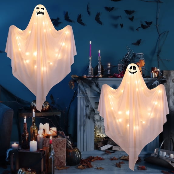 Scidweet Halloween Hanging Ghosts Lights Decorations, 2 Pack 47" Hanging Halloween Ghosts for Outdoor Indoor Yard Garden Party Decor, White Light
