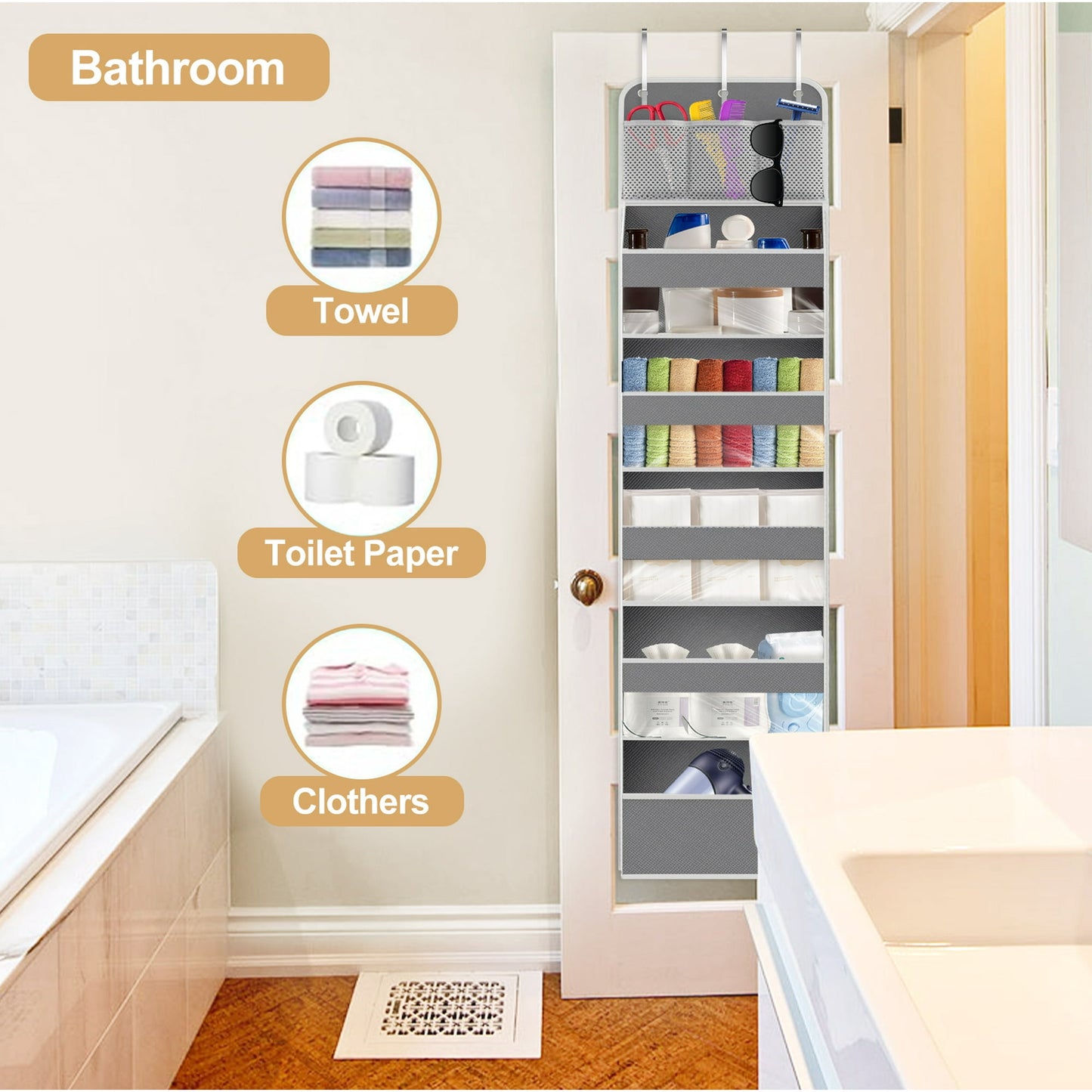 Scidweet Over The Door Organizer Storage, 1 Pack 6-Tier Large Capacity Hanging Door Organizer Bag with Clear Window for Home Kids Toys, Shoes, Diapers (Gray)