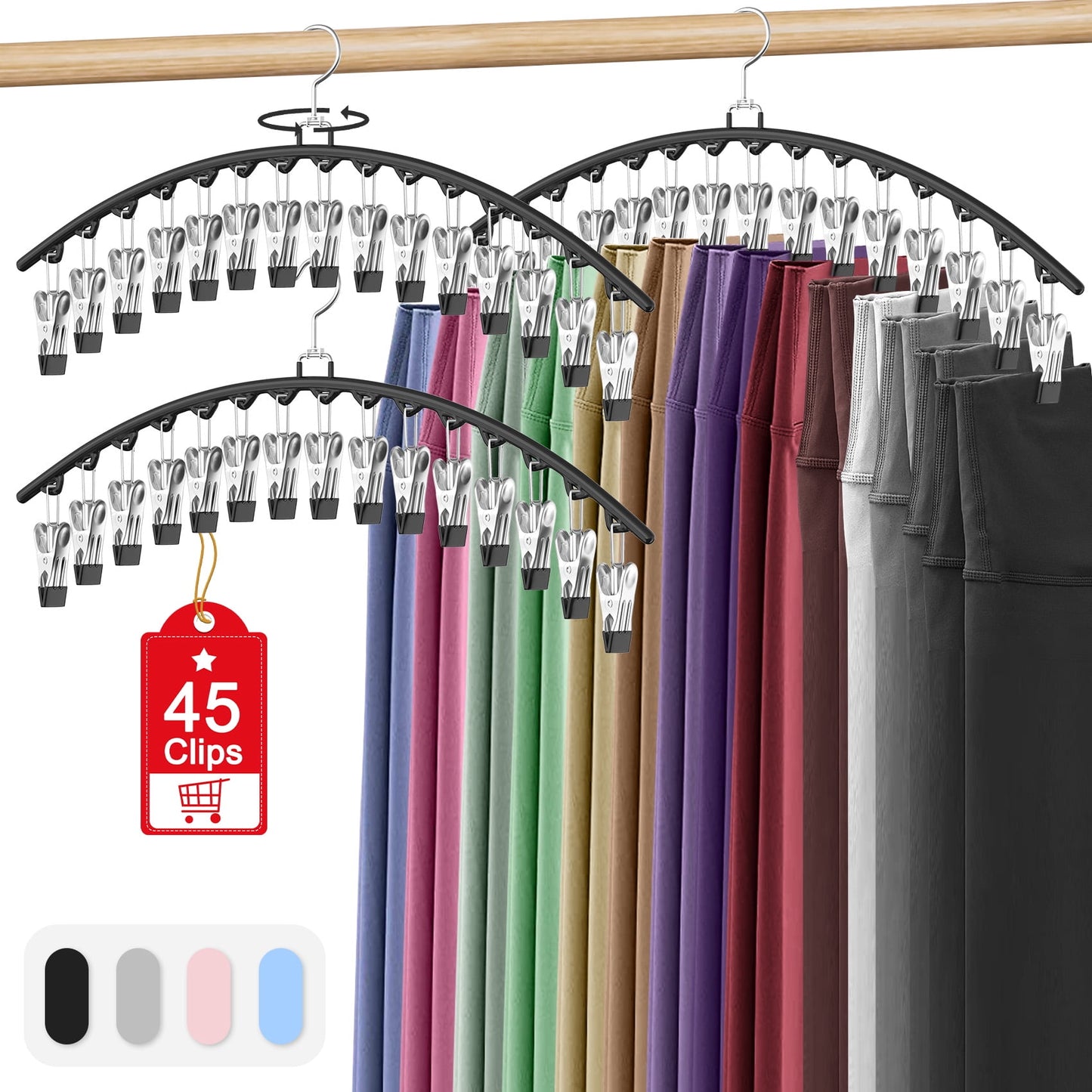 Scidweet 3 Pack Legging Organizer for Closet Hanging, Pants Hangers with 15 Clips Holds 45 Leggings, Shorts, Skirts, Pants Hangers Space Saving Clothes Racks Closet Organizers and Storage (Black)