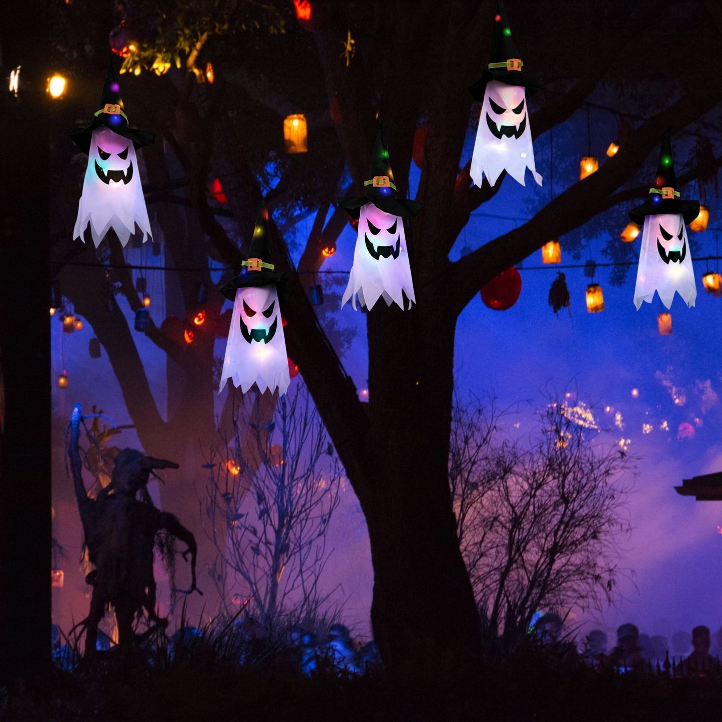 Scidweet Halloween Decorations Hanging Outdoor String Lights Glowing Ghost Witch Hat Indoor Ornaments Halloween Lights for Home Tree Garden Yard (5 Pcs)