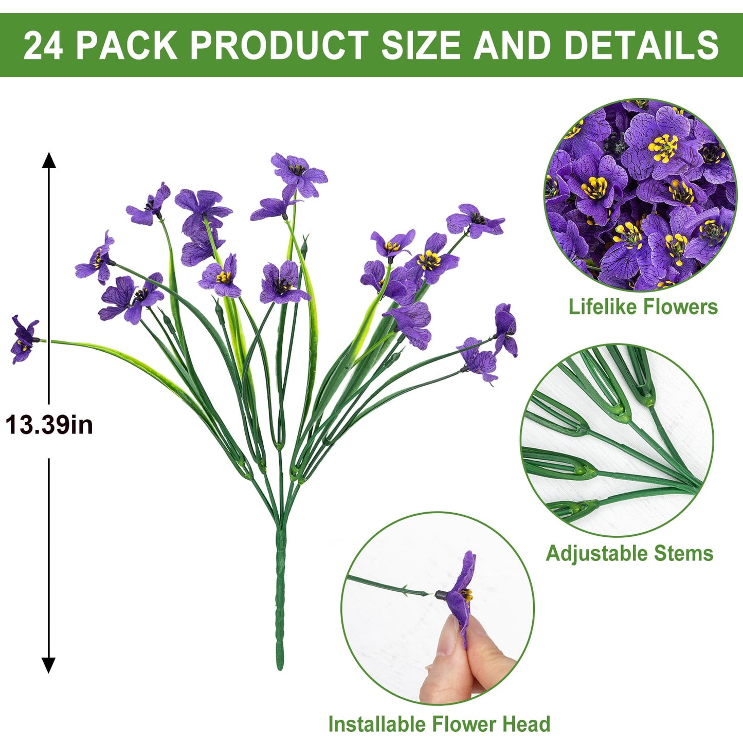 Scidweet 24 Bundles Fake Flowers Outdoor, Artificial Plants Faux Flowers Spring Summer Outside for Home Garden Porch Window Box Decorations, Purple