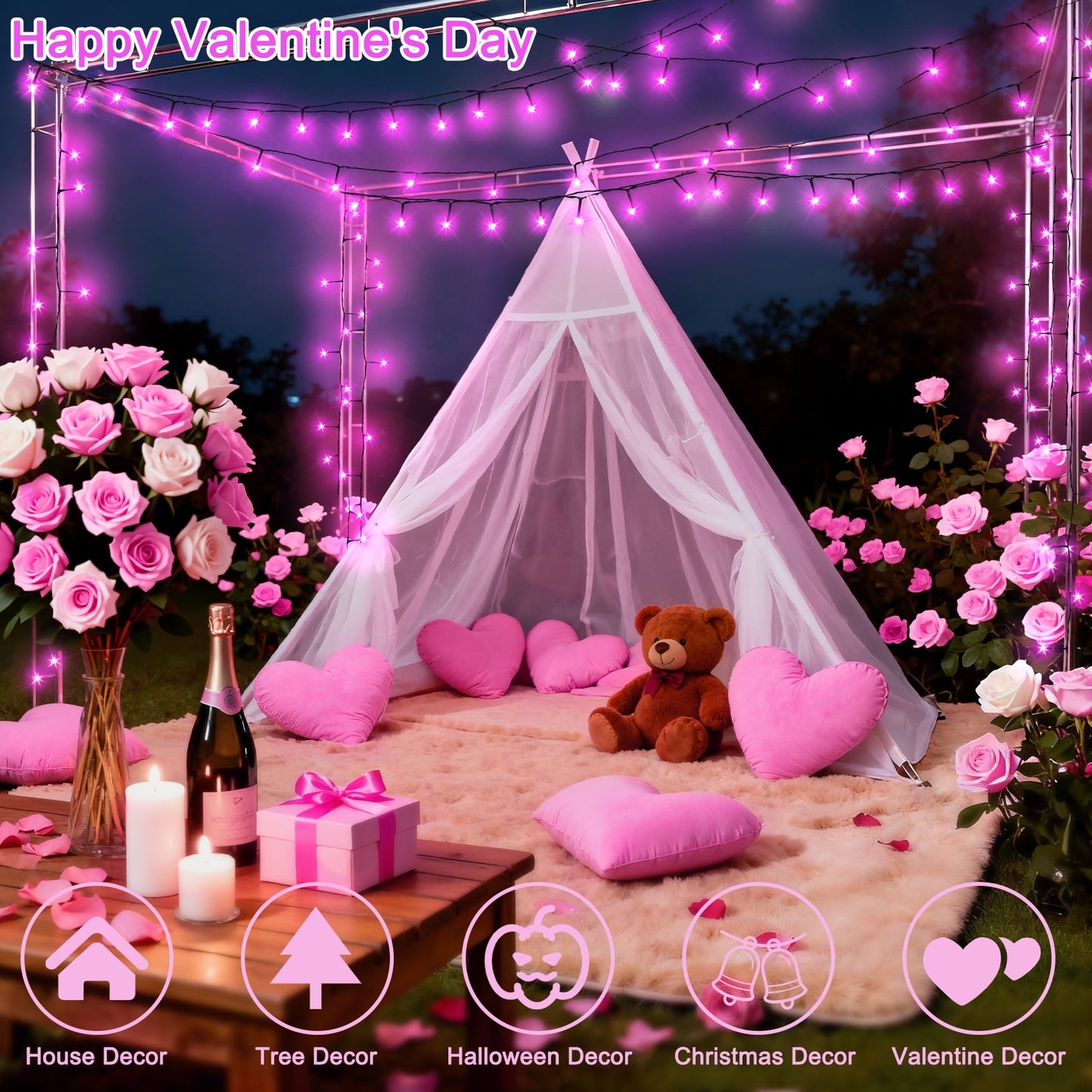 Scidweet Valentines String Lights, 108 ft 300 Twinkle Fairy Lights for Valentines Days Indoor Outdoor Home Decorations, Pink