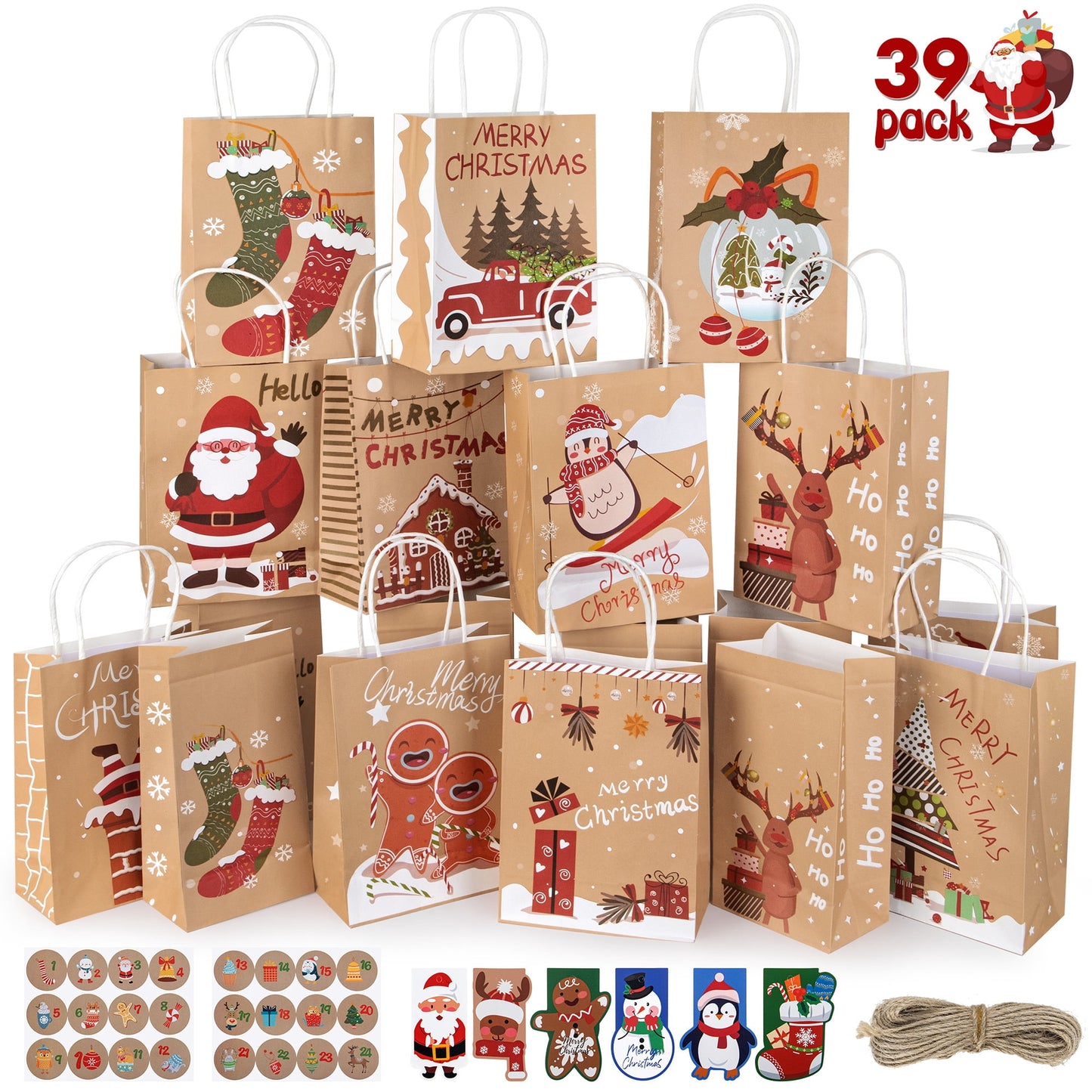 39 Pack Christmas Kraft Gift Bags, 12 Designs Christmas Paper Bags with Handles Xmas Gift Bags for Holiday Paper Gift Bags, Christmas Goody Bags