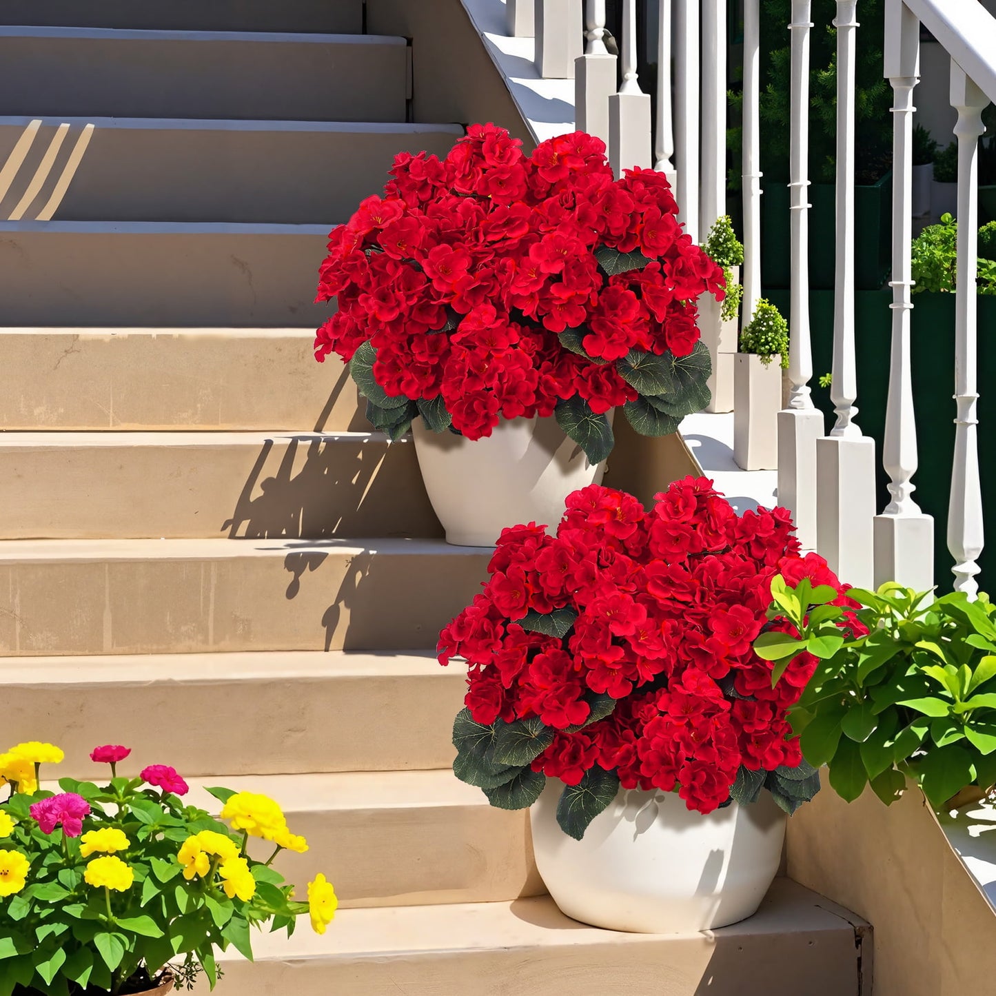 Scidweet 5 Pcs 18'' Artificial Geraniums Silk Flowers Plants Home Outdoor Decor Garden Ruby Red