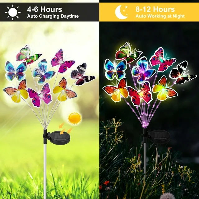 Garden Decor Solar Outdoor Lights with 8 Fiber Optic Butterfly Multi-Color Changing Purple LED Light Stake for Yard ( 2 pack)