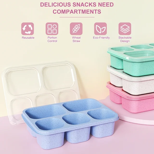 Bento Box Adult Lunch Box, 4 Pack 5 Compartment Meal Prep Container for Kids, Reusable Wheat Food Storage Snack Container, Stackable for School, Work, and Travel (Green/Blue/Pink/Beige)