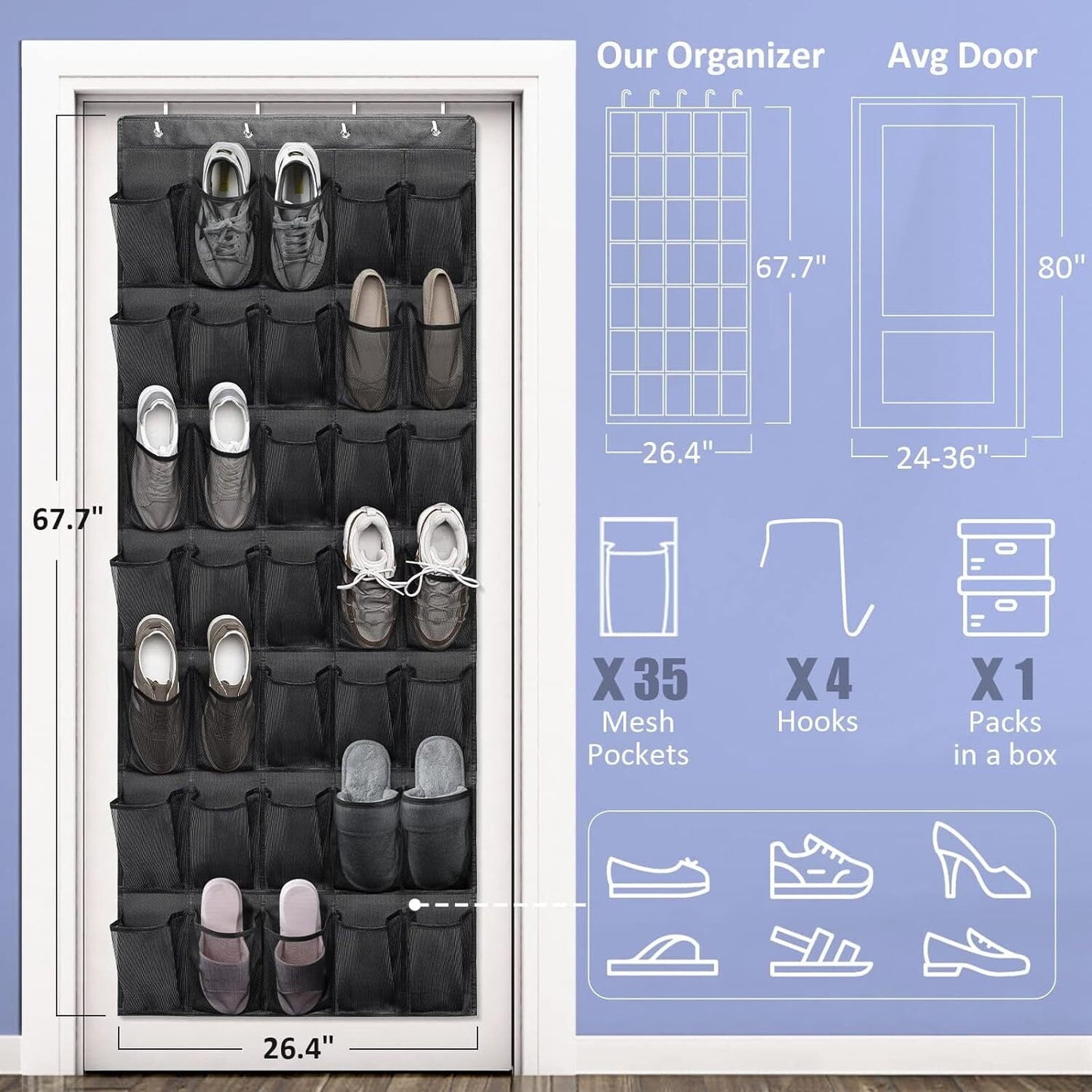 Scidweet Over the Door Shoe Organizer, 35 Large Pockets Hanging Rack Closet Shoe Organizer, Bla