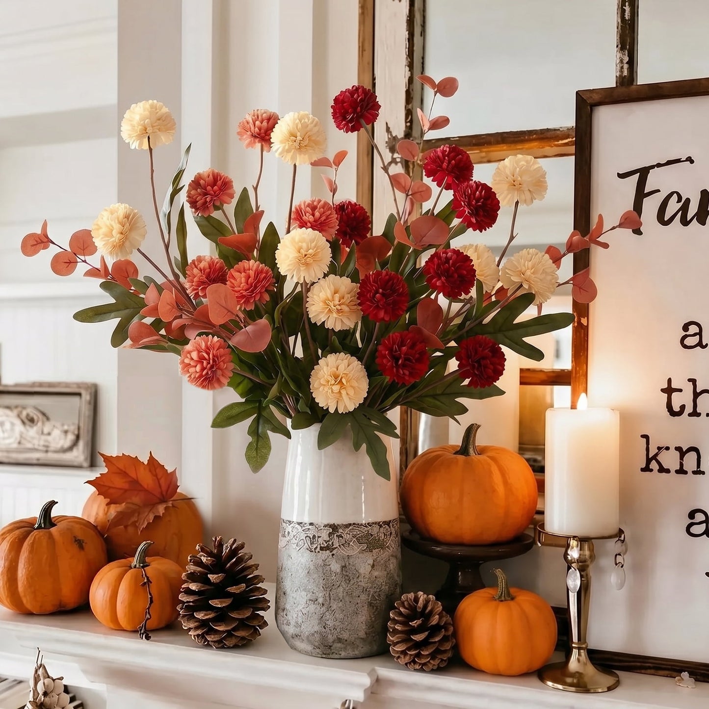Scidweet Fall Fake Flowers, 12 Pcs Artificial Faux Chrysanthemum Flowers With Eucalyptus Plants Fall Decorations for Home Room Table Vase Wedding Party Indoor Decor , Multicolor
