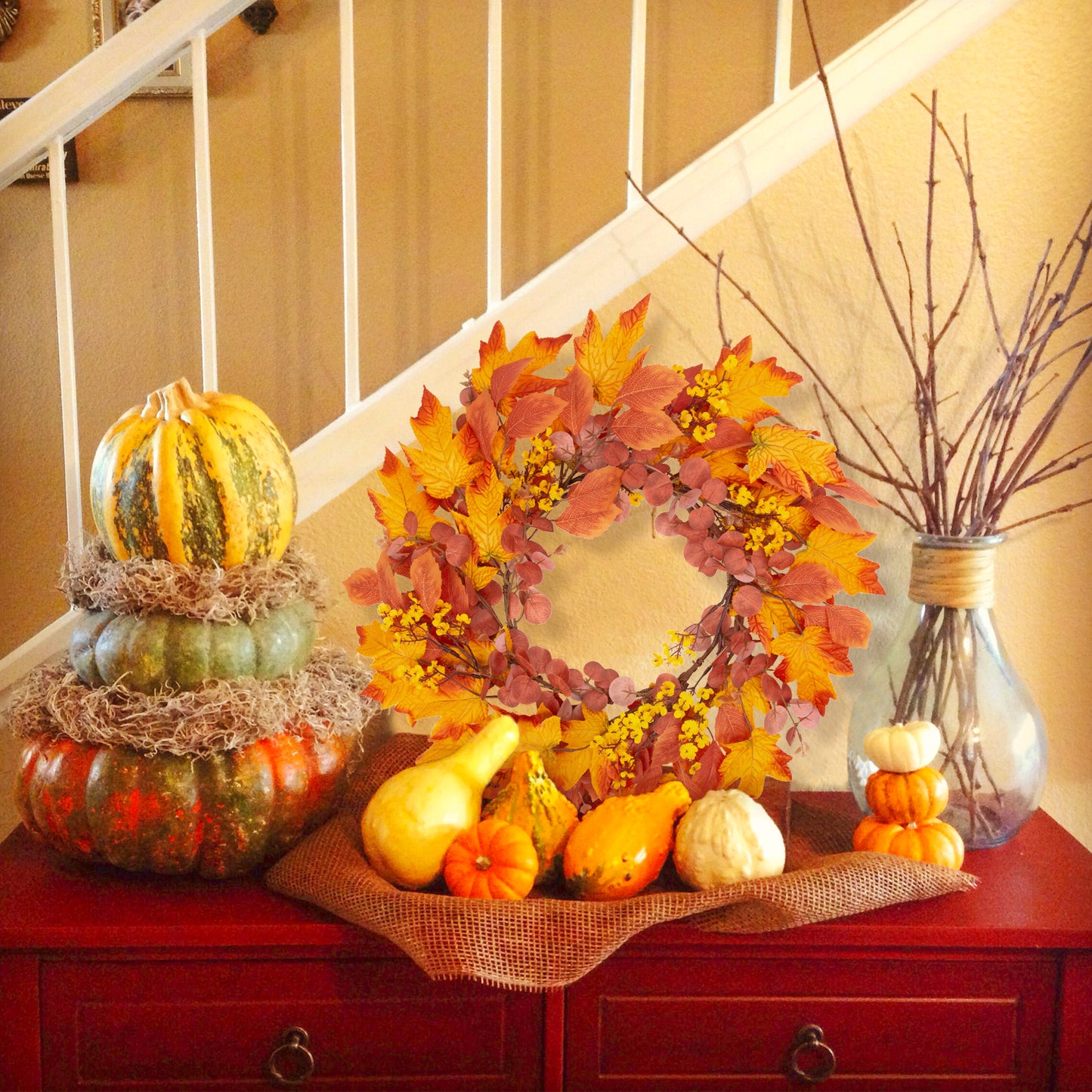 Scidweet 20 inch Maple Leaf Autumn Wreath, Artificial Fall Garland Door Wreaths for Front Door Outside Home Thanksgiving Decoration