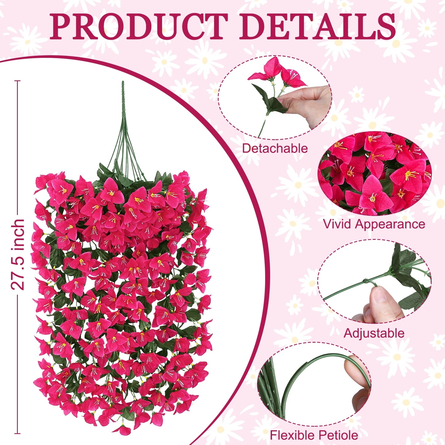 Scidweet Artificial Bougainvillea Flowers for Outdoors, 4 Pcs Faux Silk Hanging Flowers Long Trailing Fake Vines for Front Door Porch Planter Balcony Patio Summer Spring Home Decor, Red