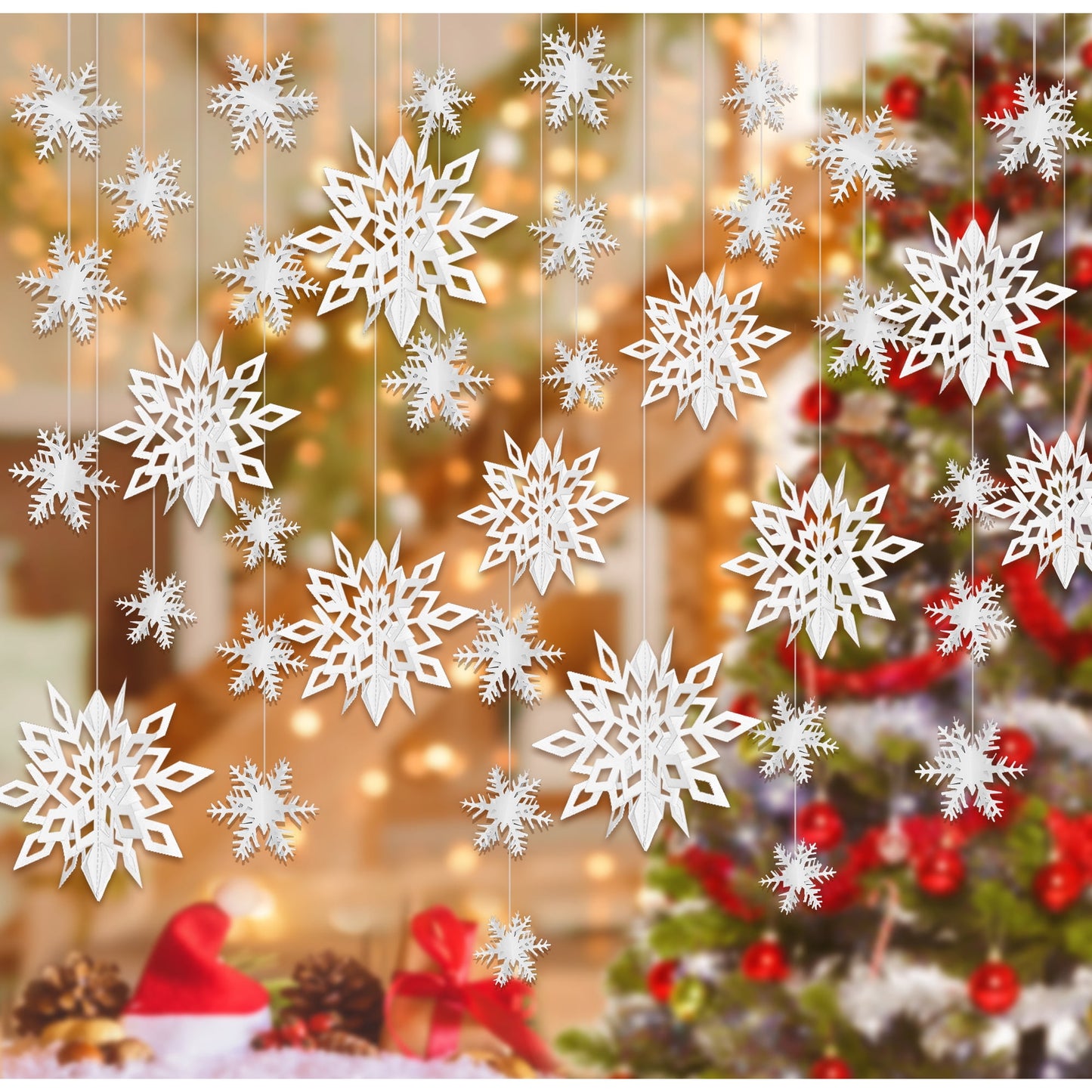 Scidweet 48Pcs 2 Packs Hanging Snowflake Garland String and 24 Pcs 3D White Christmas Decorations