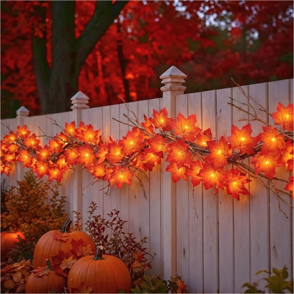 Scidweet 6 Pack Fall Maple Leaves Garlands, 60FT 120 LED Fake Autumn Garland String Lights Indoor Outdoor Fall Decorations for Home Thanksgiving Patio Party Home Decor, Orange