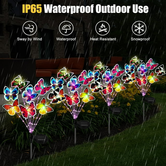 Garden Decor Solar Outdoor Lights with 8 Fiber Optic Butterfly Multi-Color Changing Purple LED Light Stake for Yard ( 2 pack)