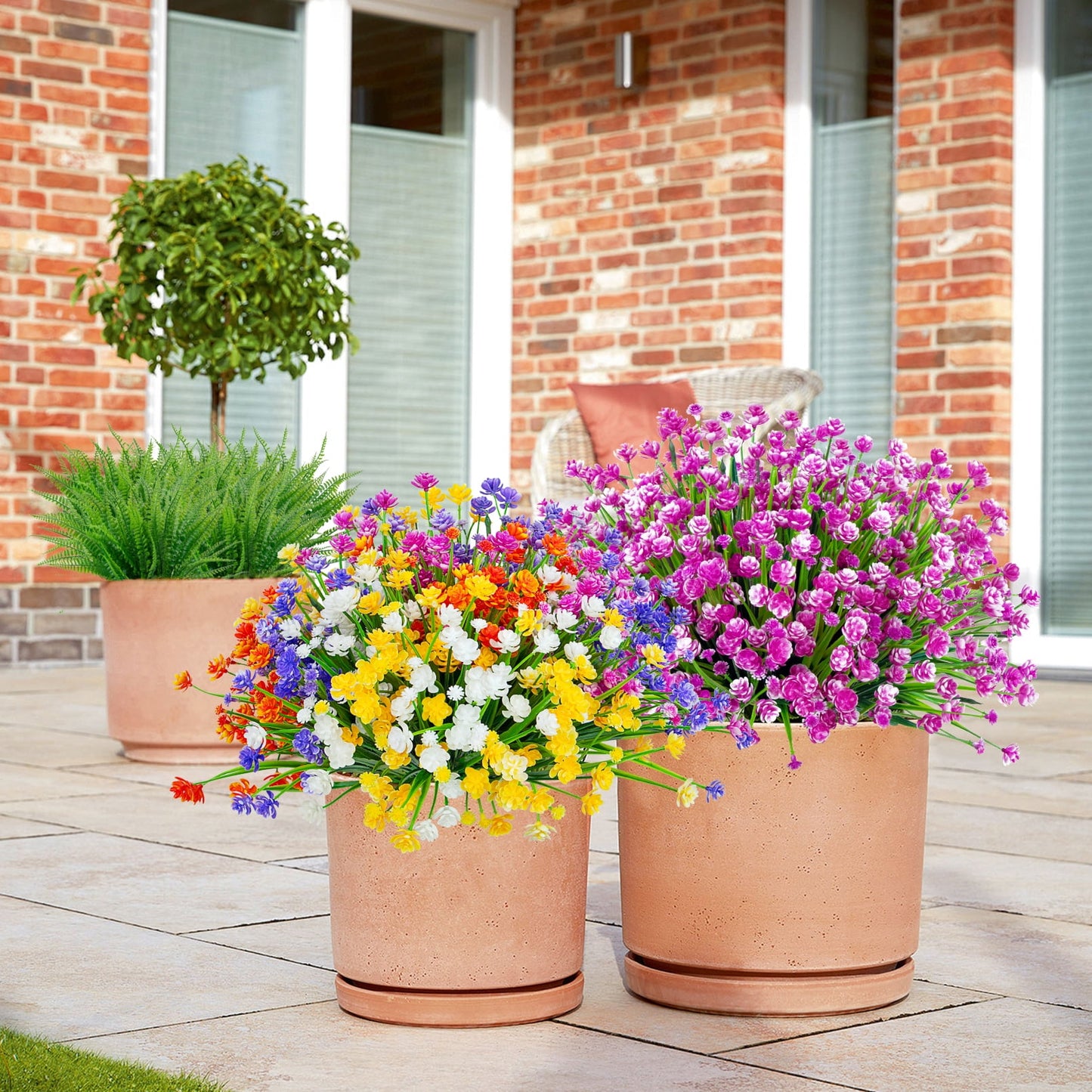 24 Bundles Outdoor Artificial Flowers Colorful Faux UV Resistant Outdoor Artificial Greenery Boston Fern Plastic Flowers for Patio Garden Decor