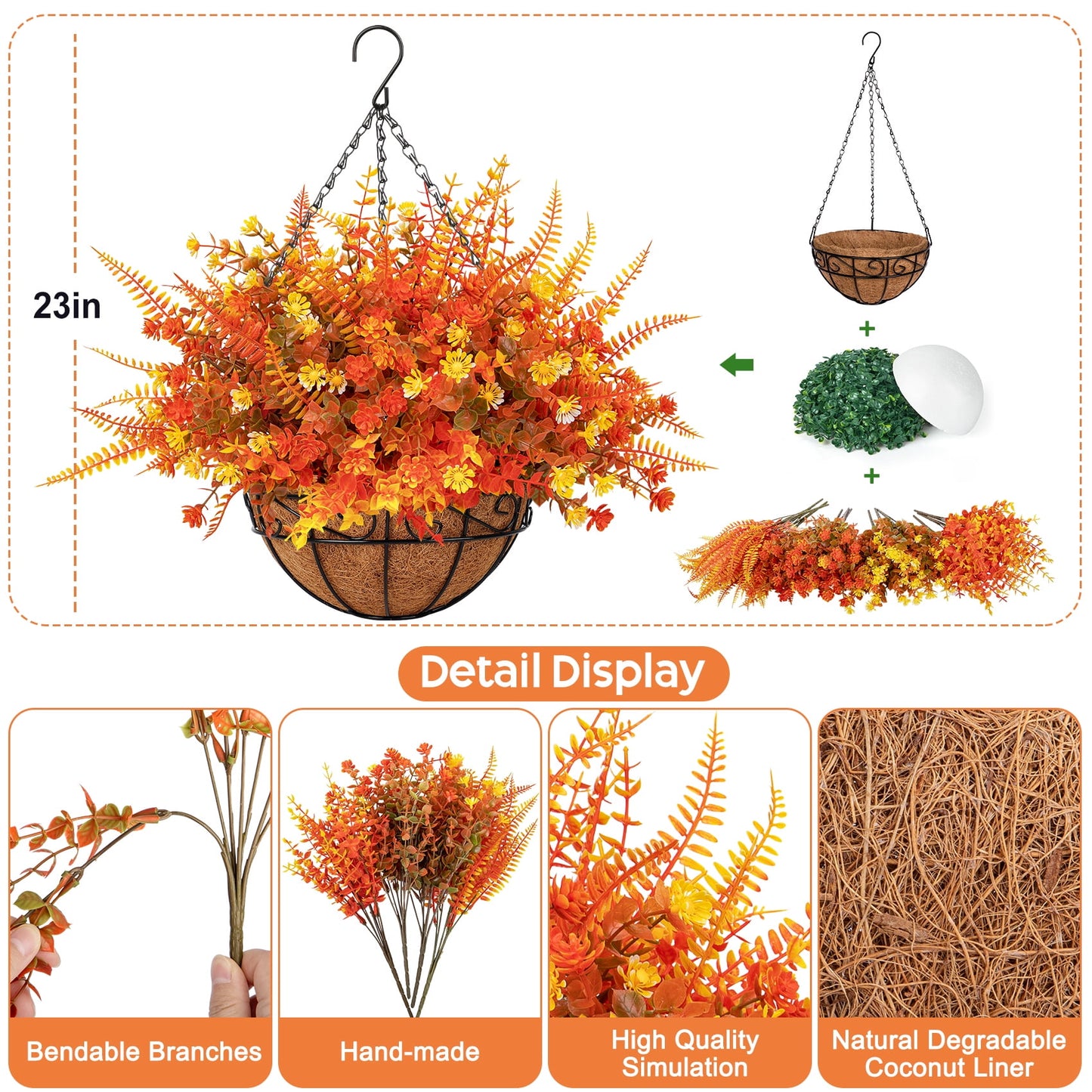 Scidweet Artificial Fall Hanging Flowers Outdoor, 12 Pcs Autumn Fake Flowers Faux Plants with Coconut Lining Basket Fall Decoration for Home Patio Garden Decor, Mixcolor