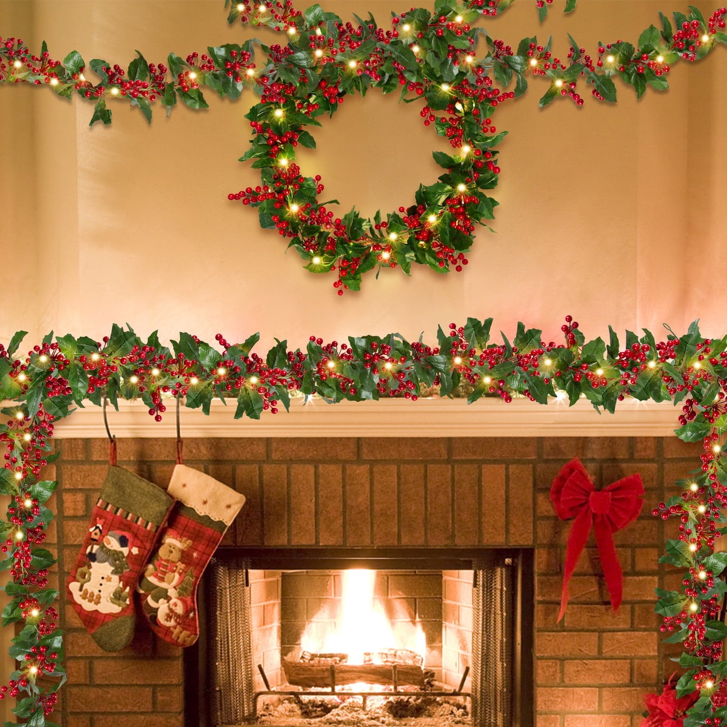 Scidweet 5.9 Ft Christmas Garland with Lights & Red Berry, Artificial Christmas Garland Decorations for Indoor Outdoor Mantle Fireplace Stairs Table Home Door