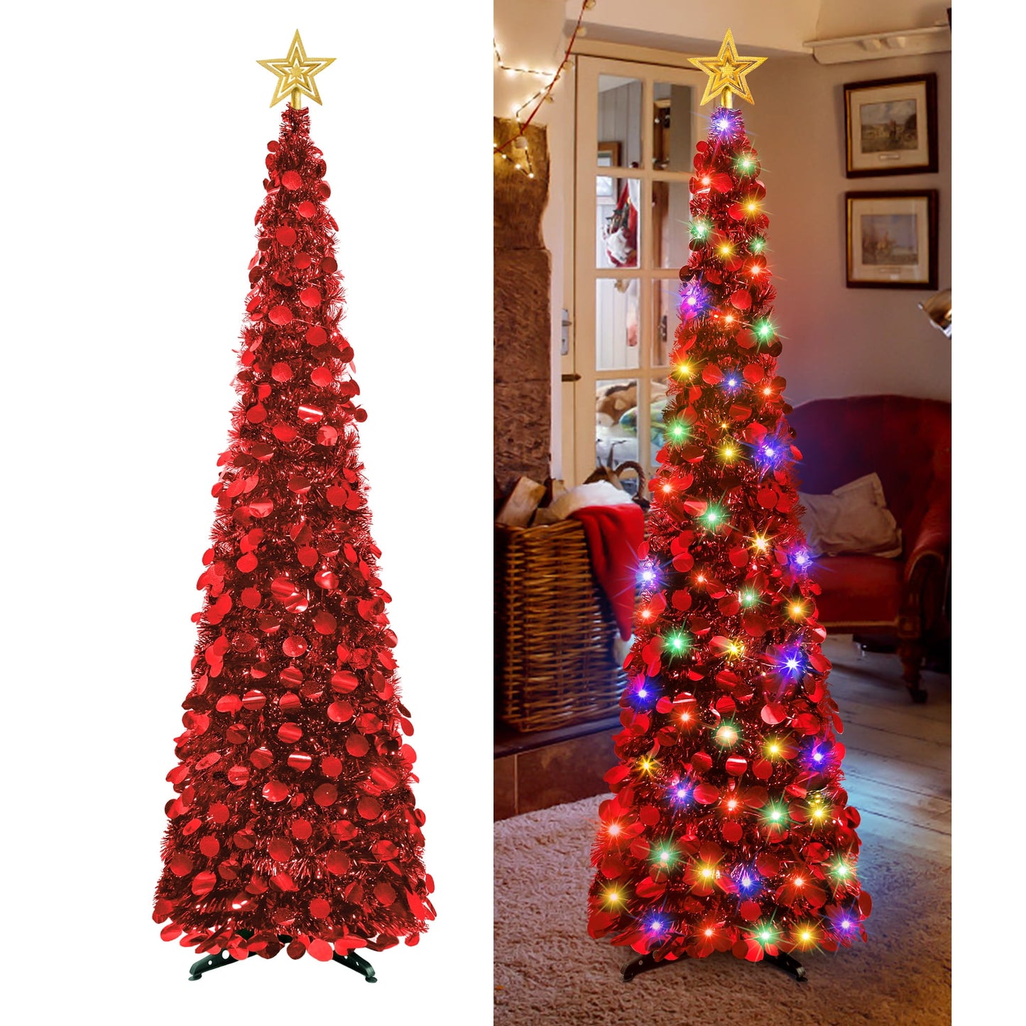 Scidweet 5ft Pop up Christmas Tree with Lights, Artificial Collapsible Pencil Tinsel Xmas Tree with Reflective Sequins for Christmas Home Party Indoor Outdoor Decoration (Red)