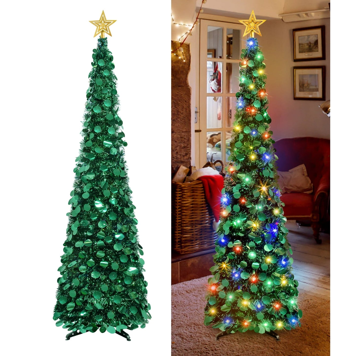 Scidweet 5 Ft Pop up Christmas Tree with Lights & Reflective Sequins, Artificial Collapsible Pencil Tinsel Xmas Tree for Christmas Decoration, Green