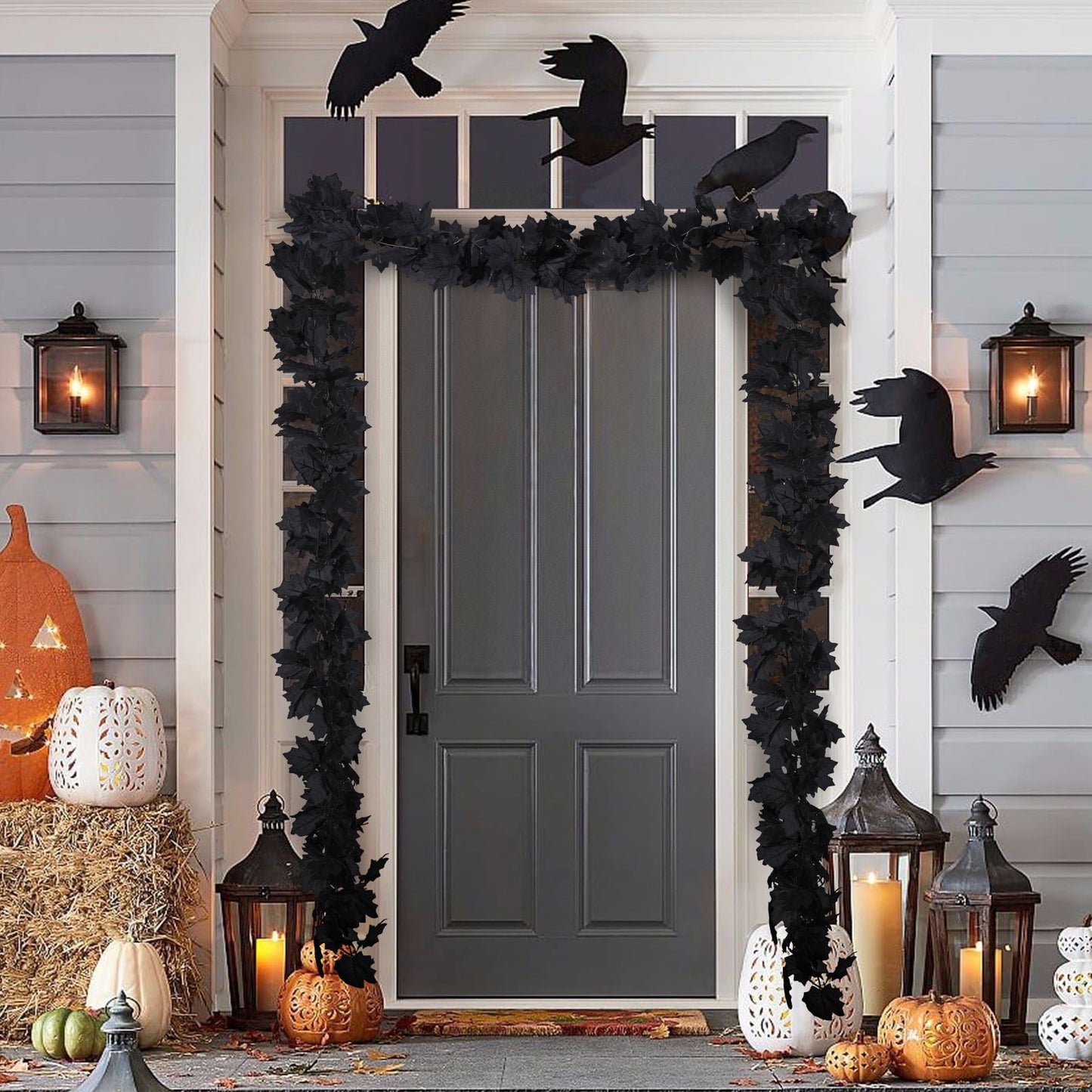 Scidweet Halloween Maple Leaf Garland, 2 Pack 5.8 ft 60 LED Purple String Lights Black Artificial Leaves Fake Vines for Bedroom Hanging Wall Fall Halloween Decor